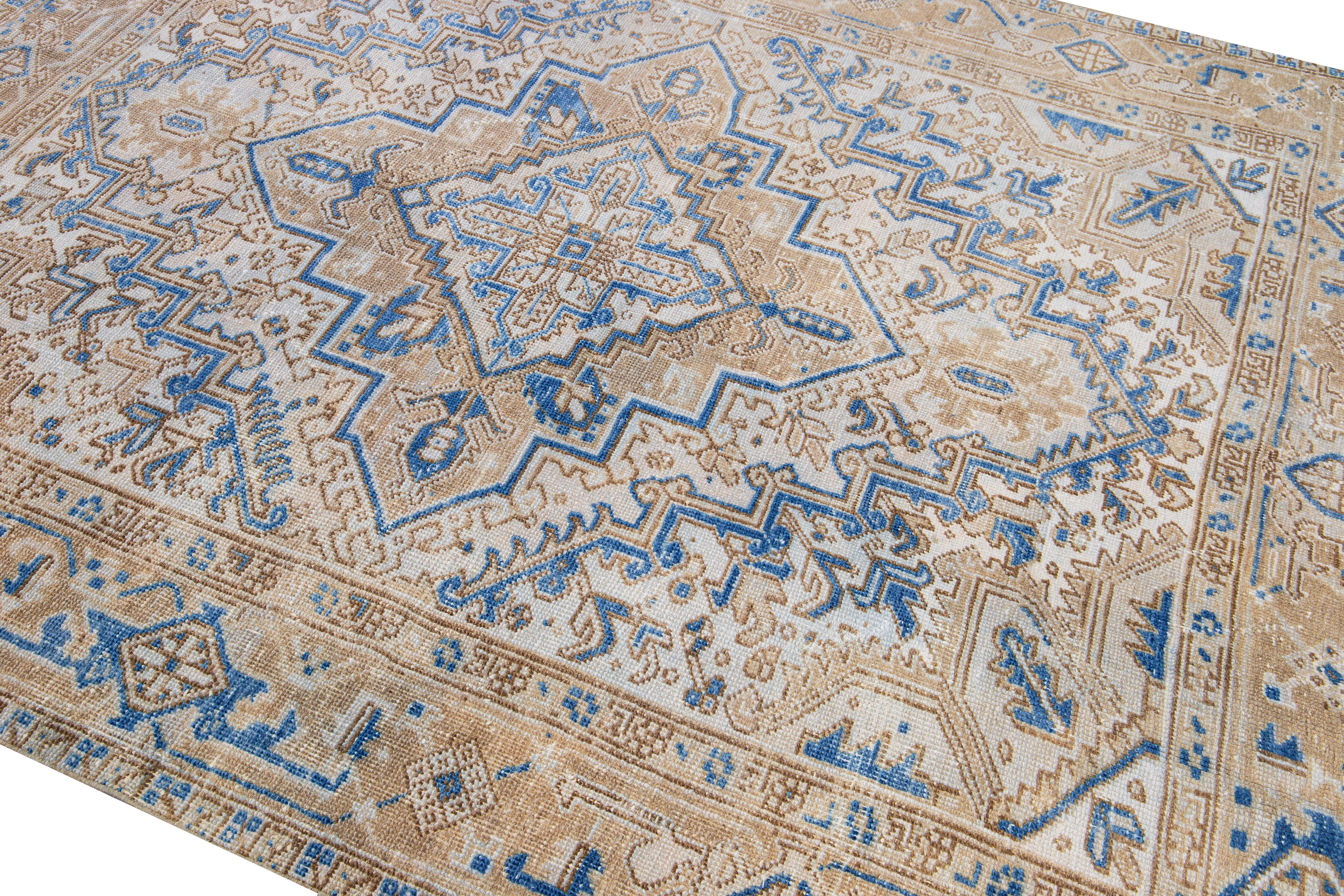 Antique Persian Heriz Beige and Blue Handmade Medallion Designed Wool Rug In Good Condition For Sale In Norwalk, CT