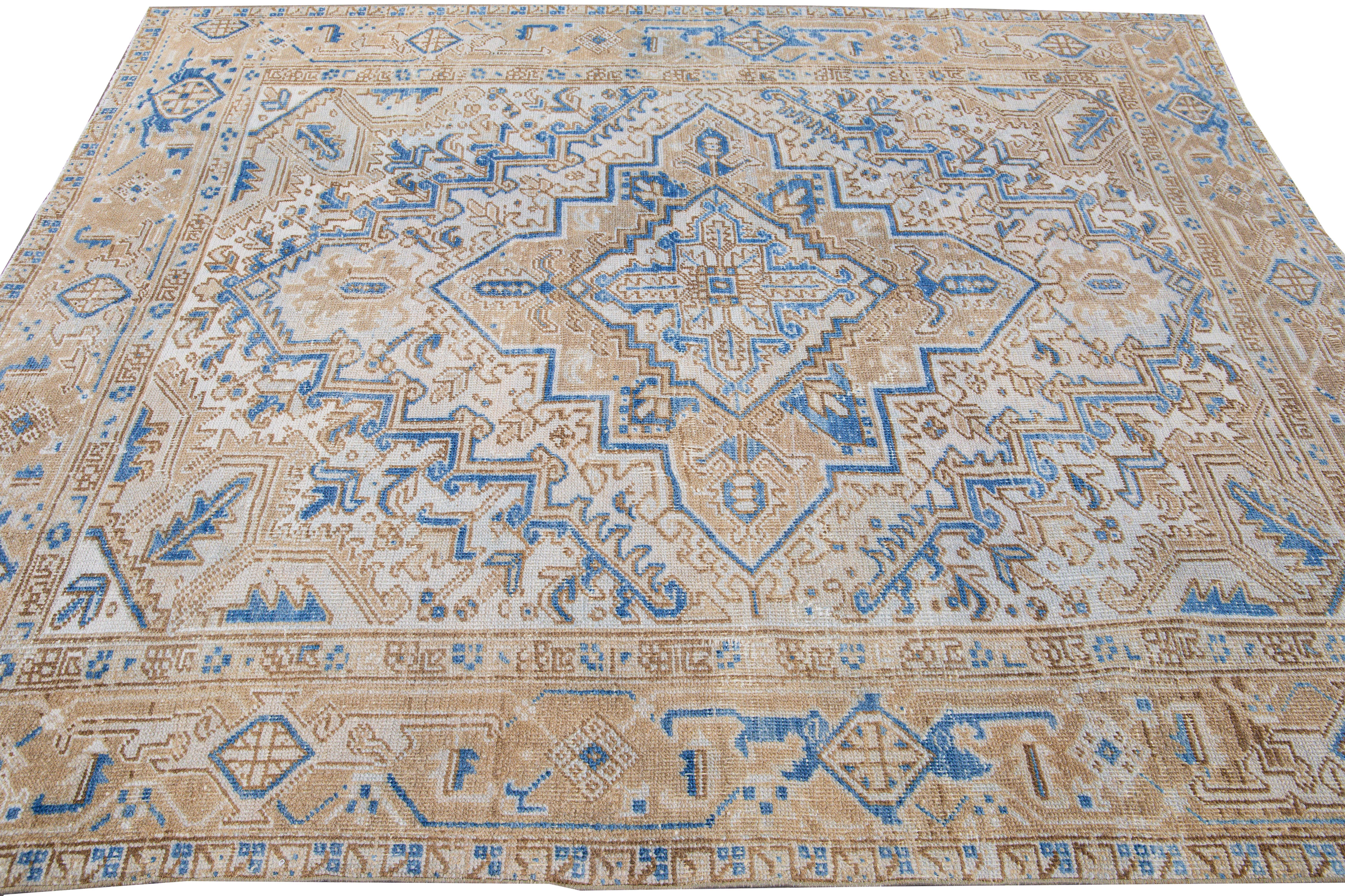 Early 20th Century Antique Persian Heriz Beige and Blue Handmade Medallion Designed Wool Rug For Sale