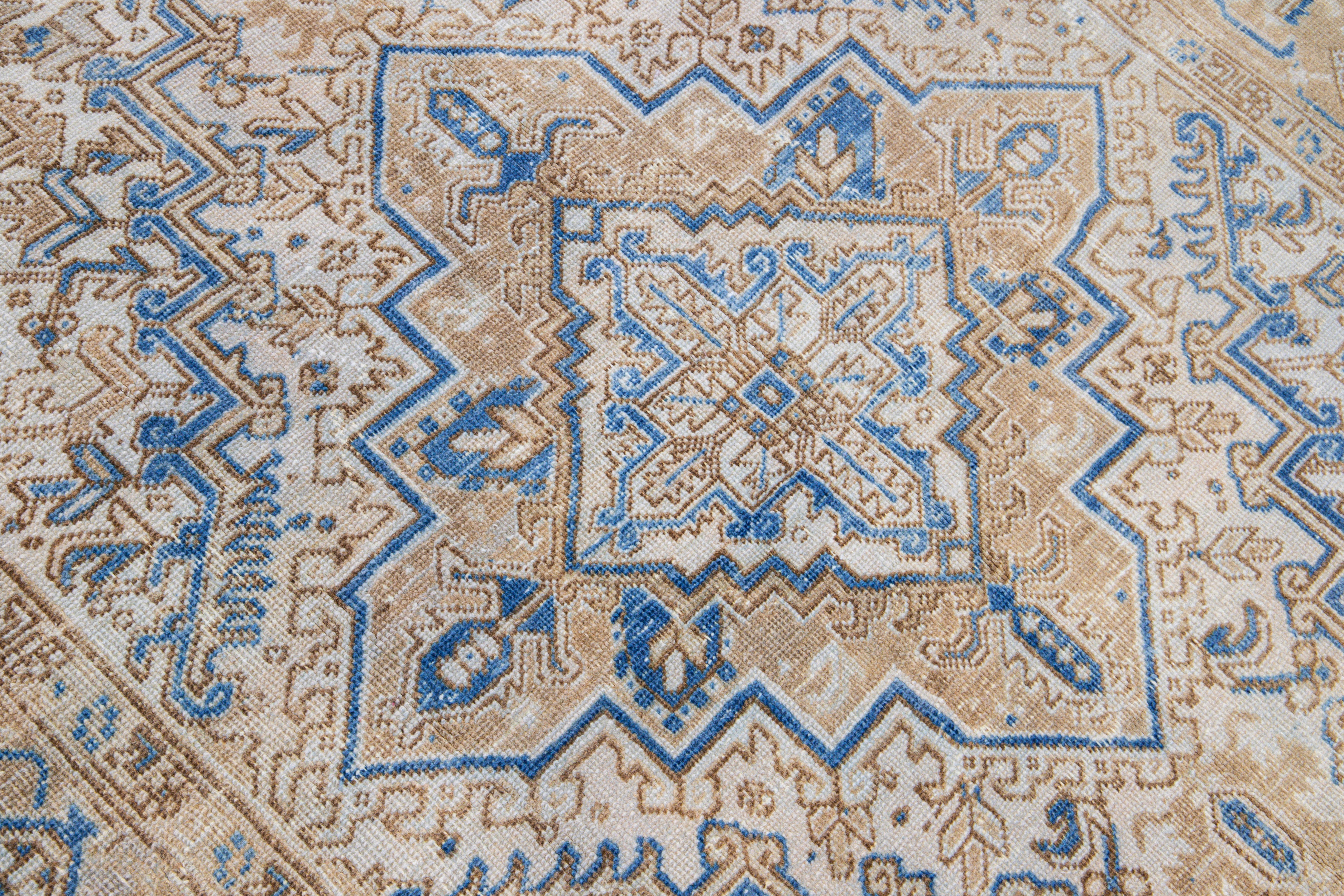 Antique Persian Heriz Beige and Blue Handmade Medallion Designed Wool Rug For Sale 2