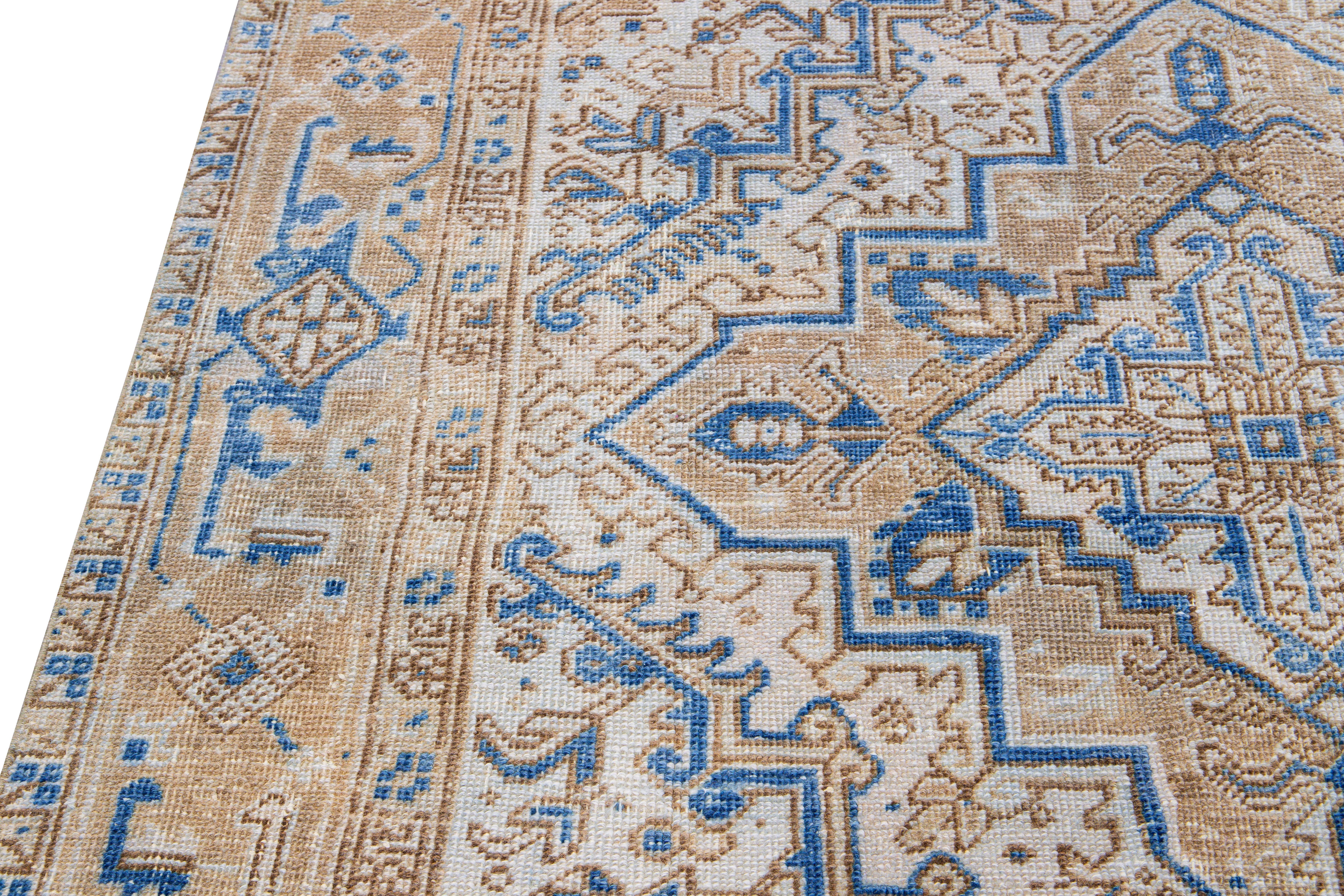Antique Persian Heriz Beige and Blue Handmade Medallion Designed Wool Rug For Sale 3
