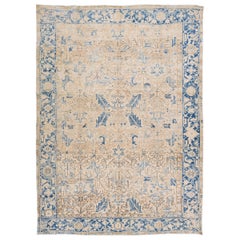 Ancien tapis persan Heriz beige en laine géométrique fait à la main, entièrement recouvert