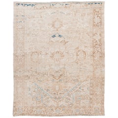 Antique Persian Heriz Beige Handmade Medallion Floral Wool Rug