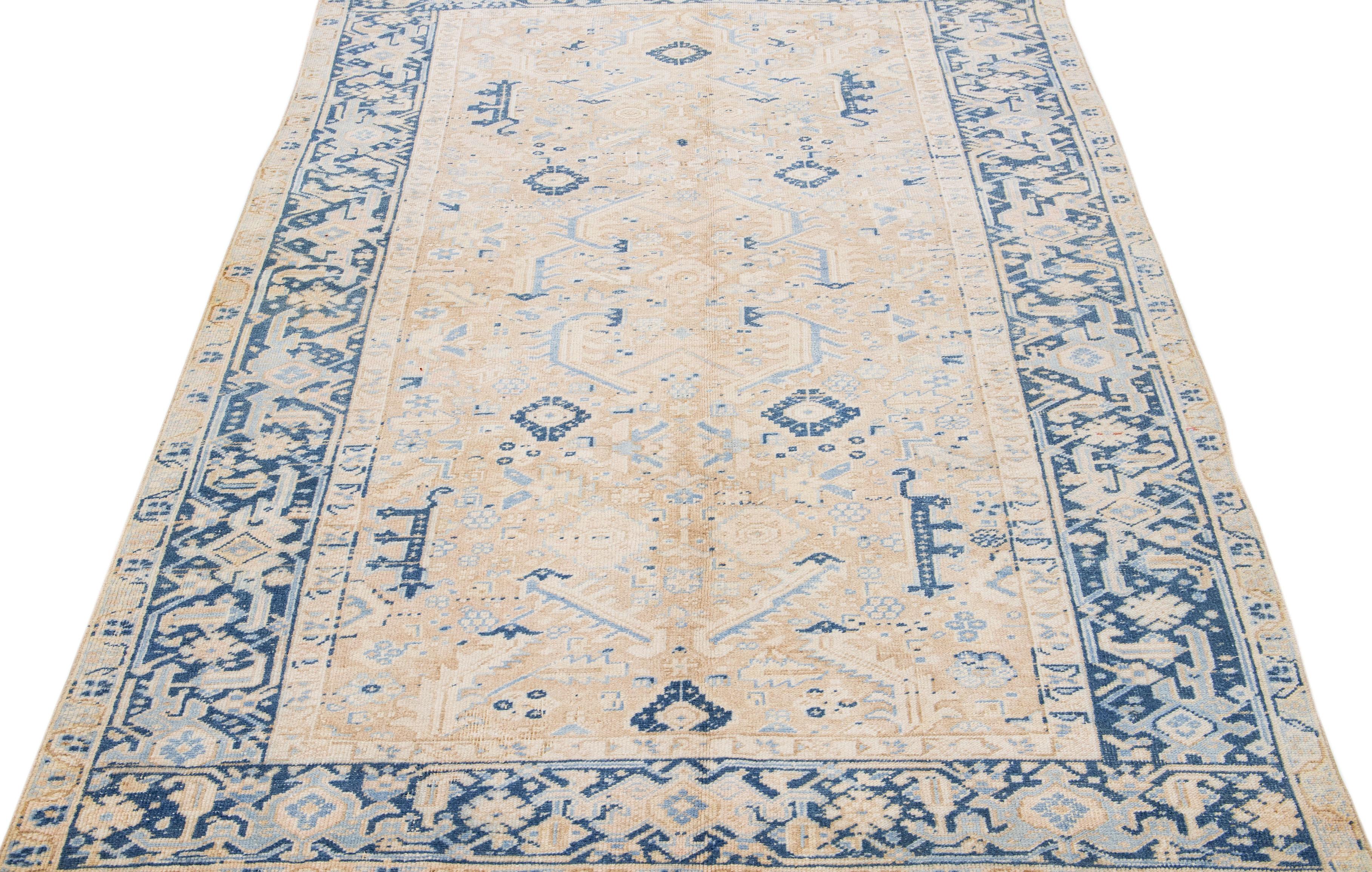 Heriz Serapi Antique Persian Heriz Beige Handmade Wool Rug with All Over Design For Sale