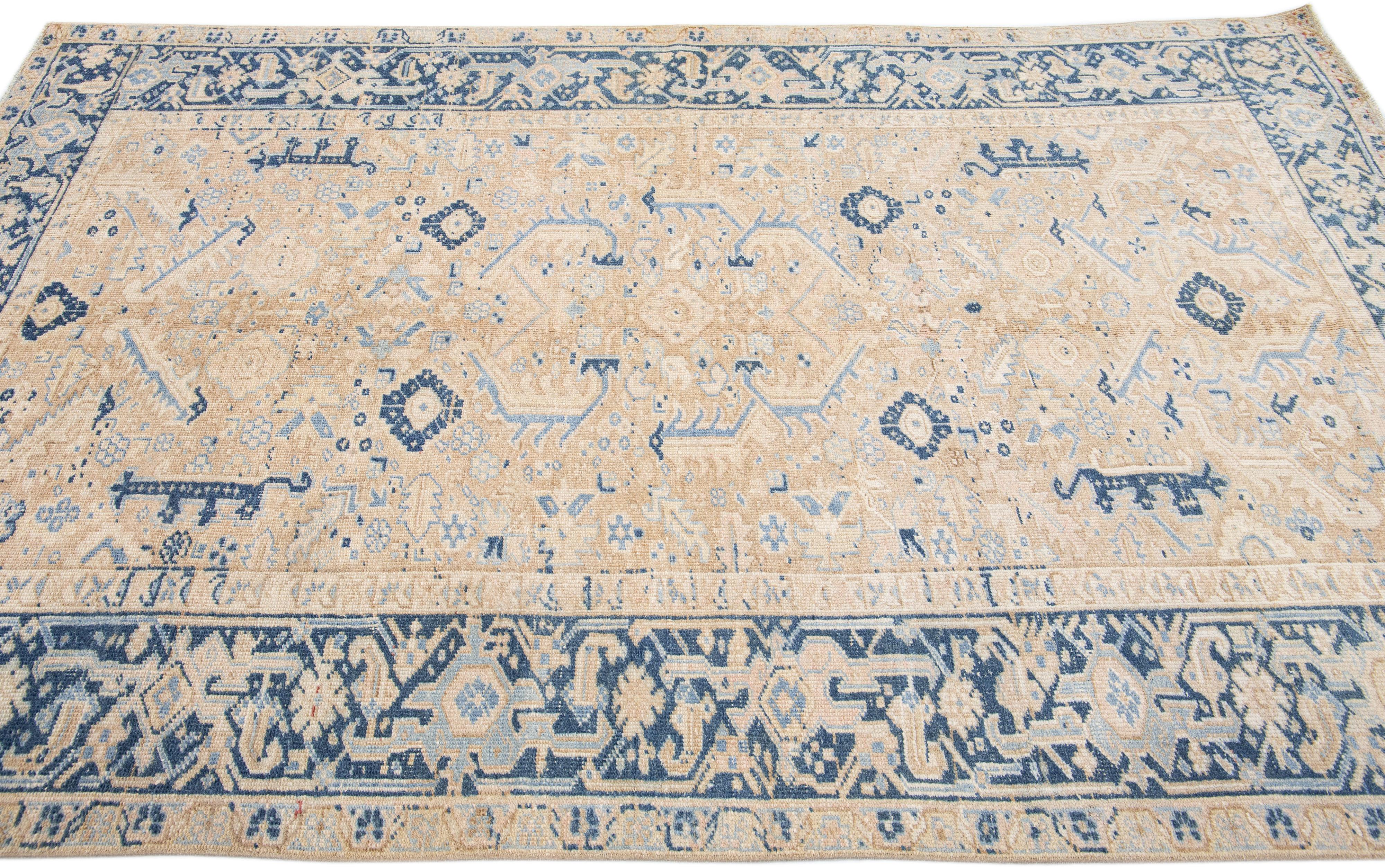 Hand-Knotted Antique Persian Heriz Beige Handmade Wool Rug with All Over Design For Sale