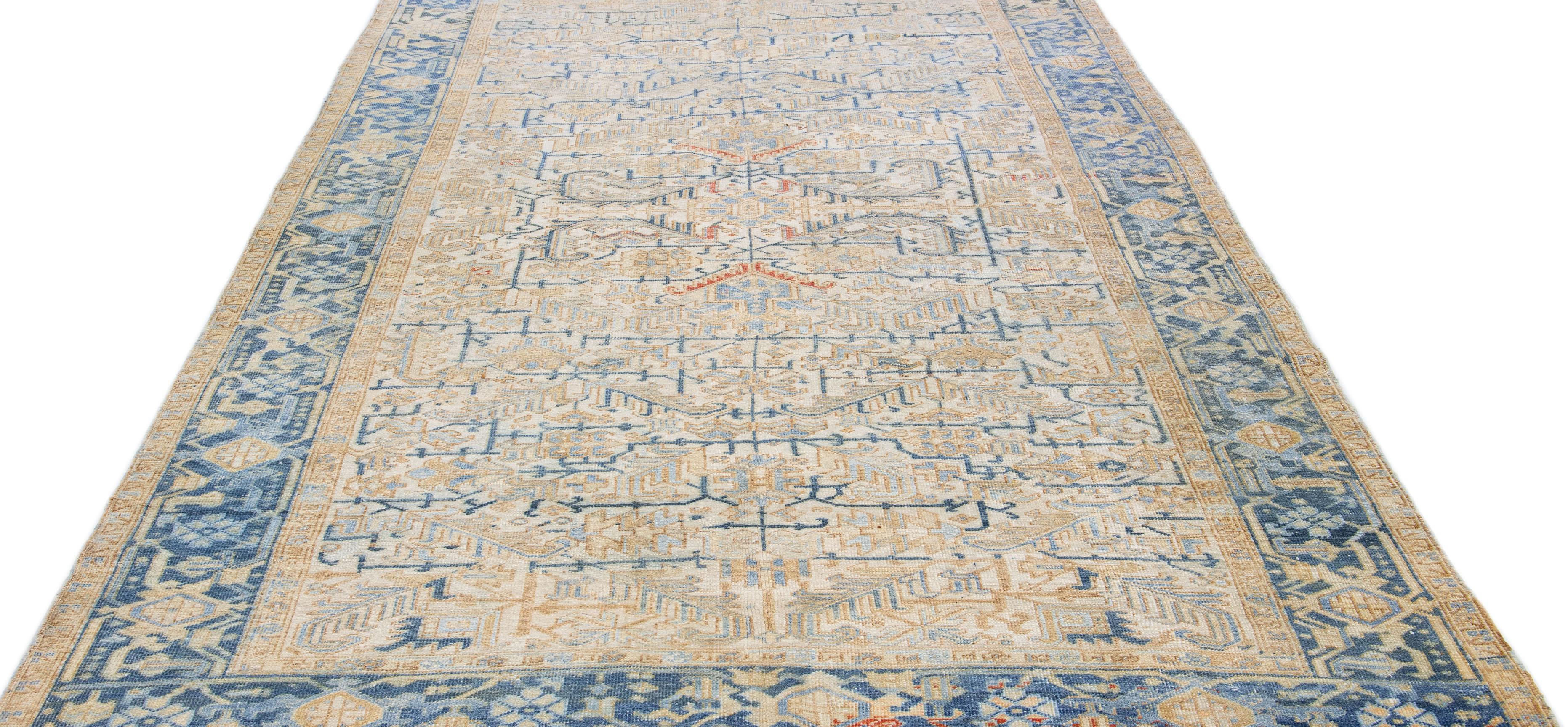 Heriz Serapi Antique Persian Heriz Beige Handmade Wool Rug with Allover Geometric Design For Sale