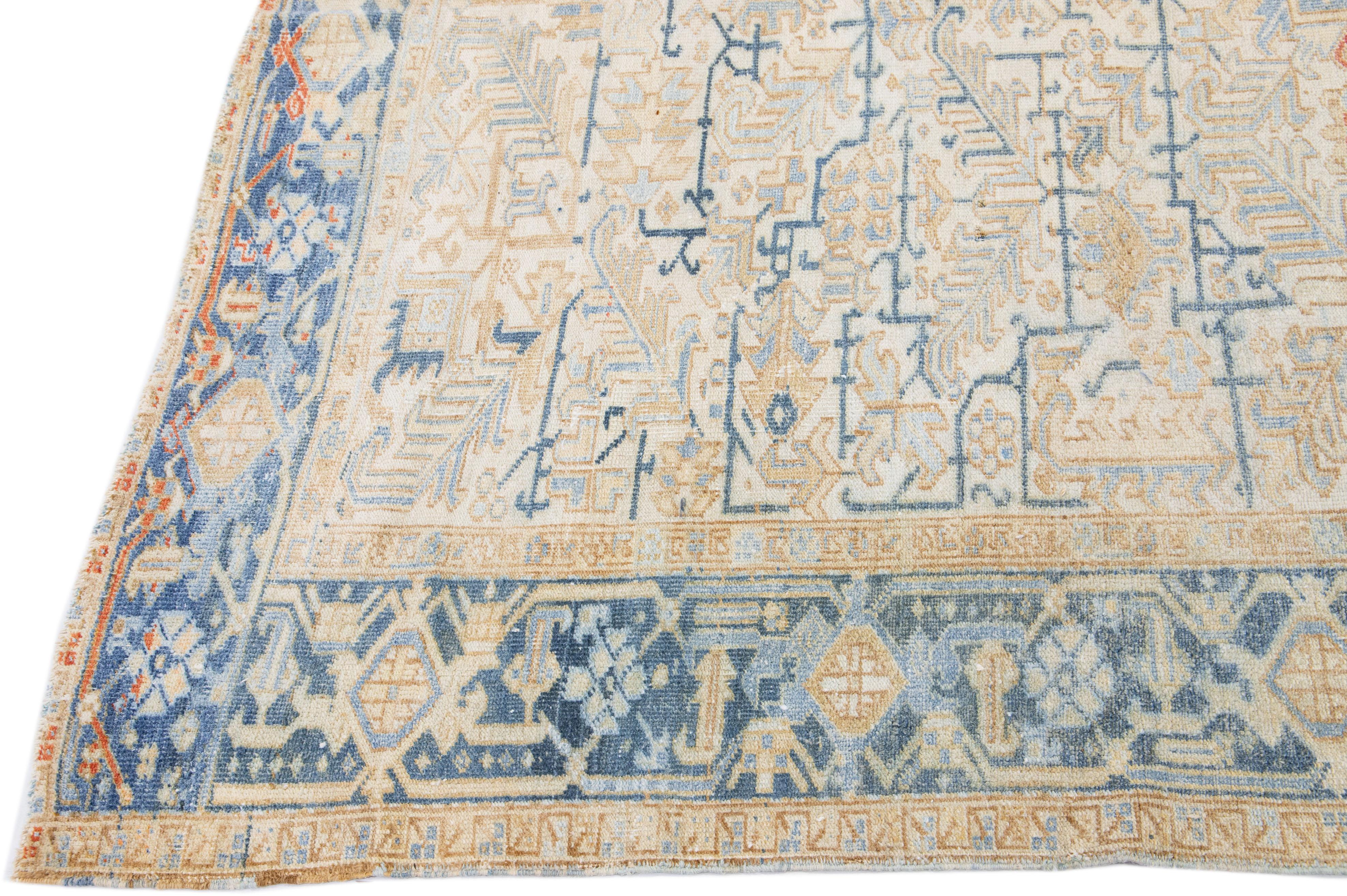 Hand-Knotted Antique Persian Heriz Beige Handmade Wool Rug with Allover Geometric Design For Sale