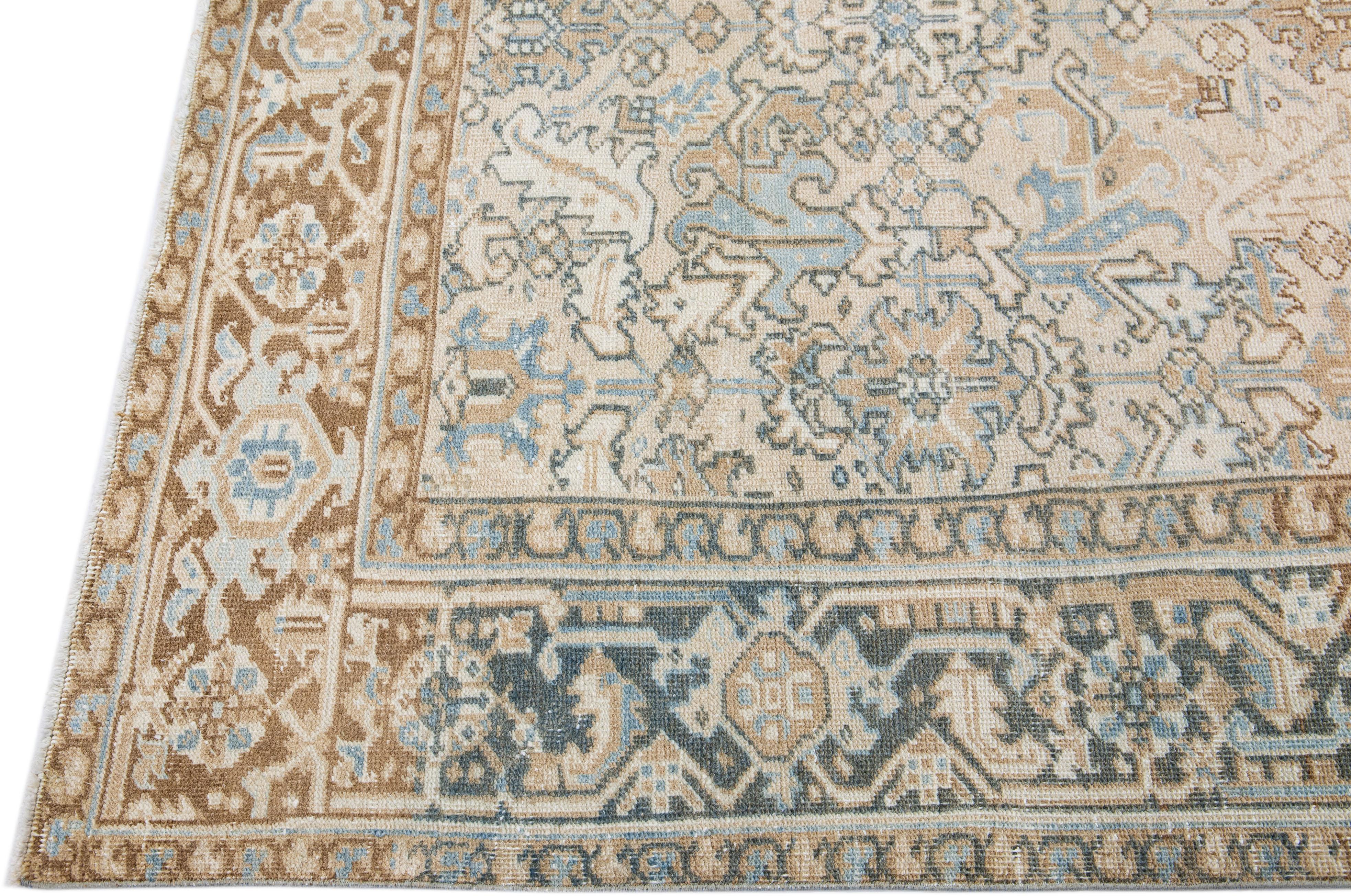 Hand-Knotted Antique Persian Heriz Beige Handmade Wool Rug with Allover Motif For Sale