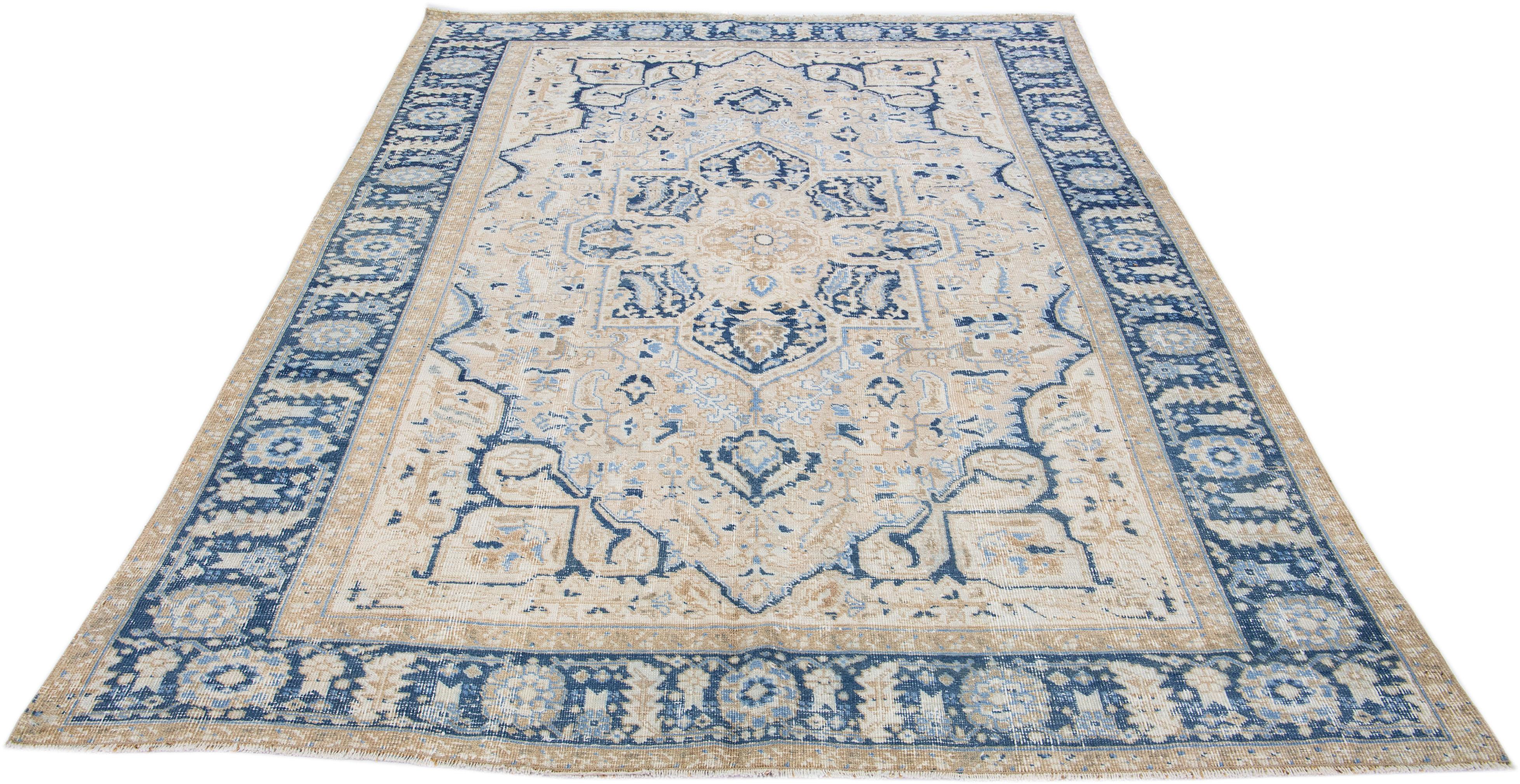 Heriz Serapi Antique Persian Heriz Beige Handmade Wool Rug with Medallion Design For Sale