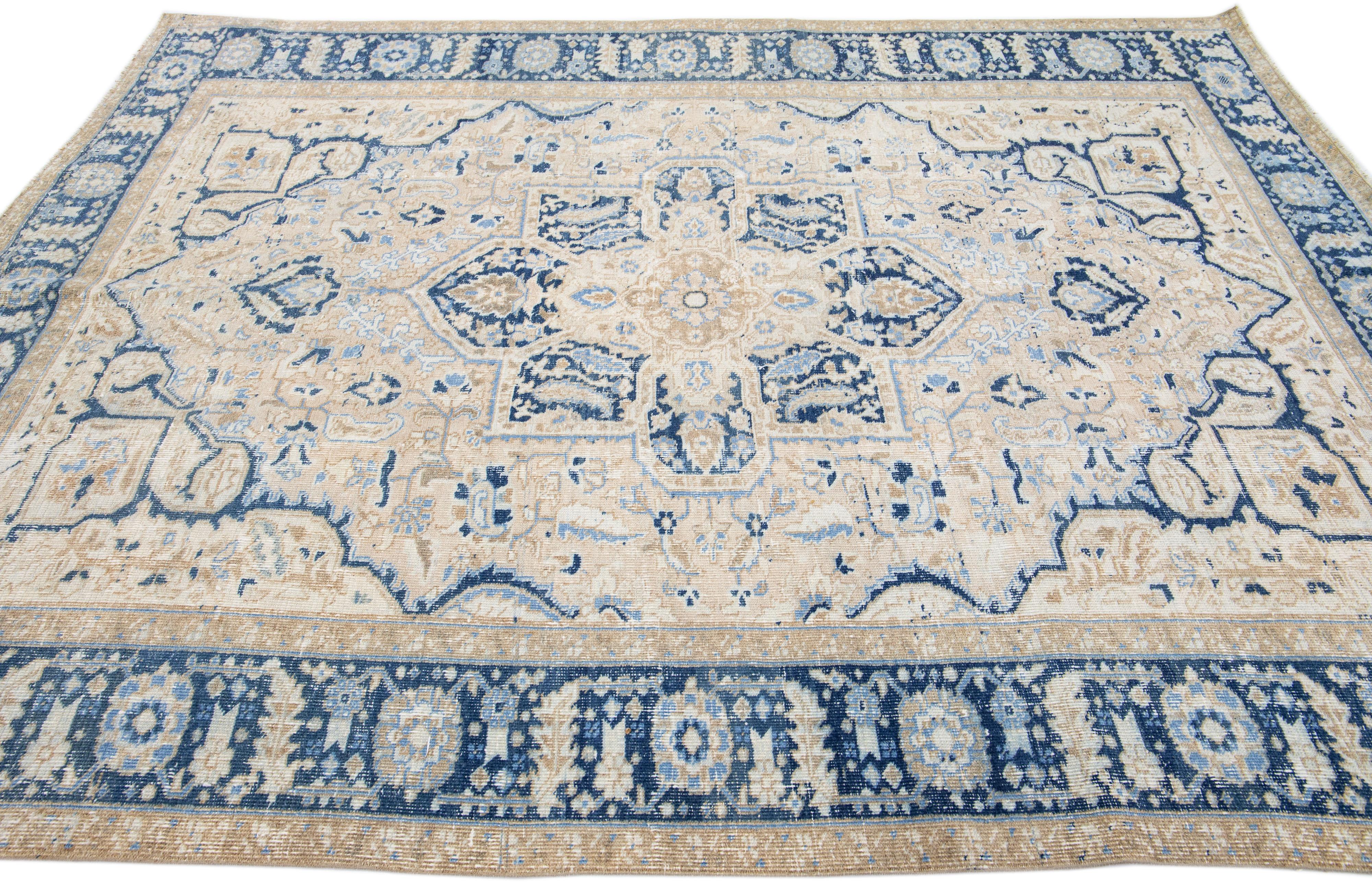 Hand-Knotted Antique Persian Heriz Beige Handmade Wool Rug with Medallion Design For Sale