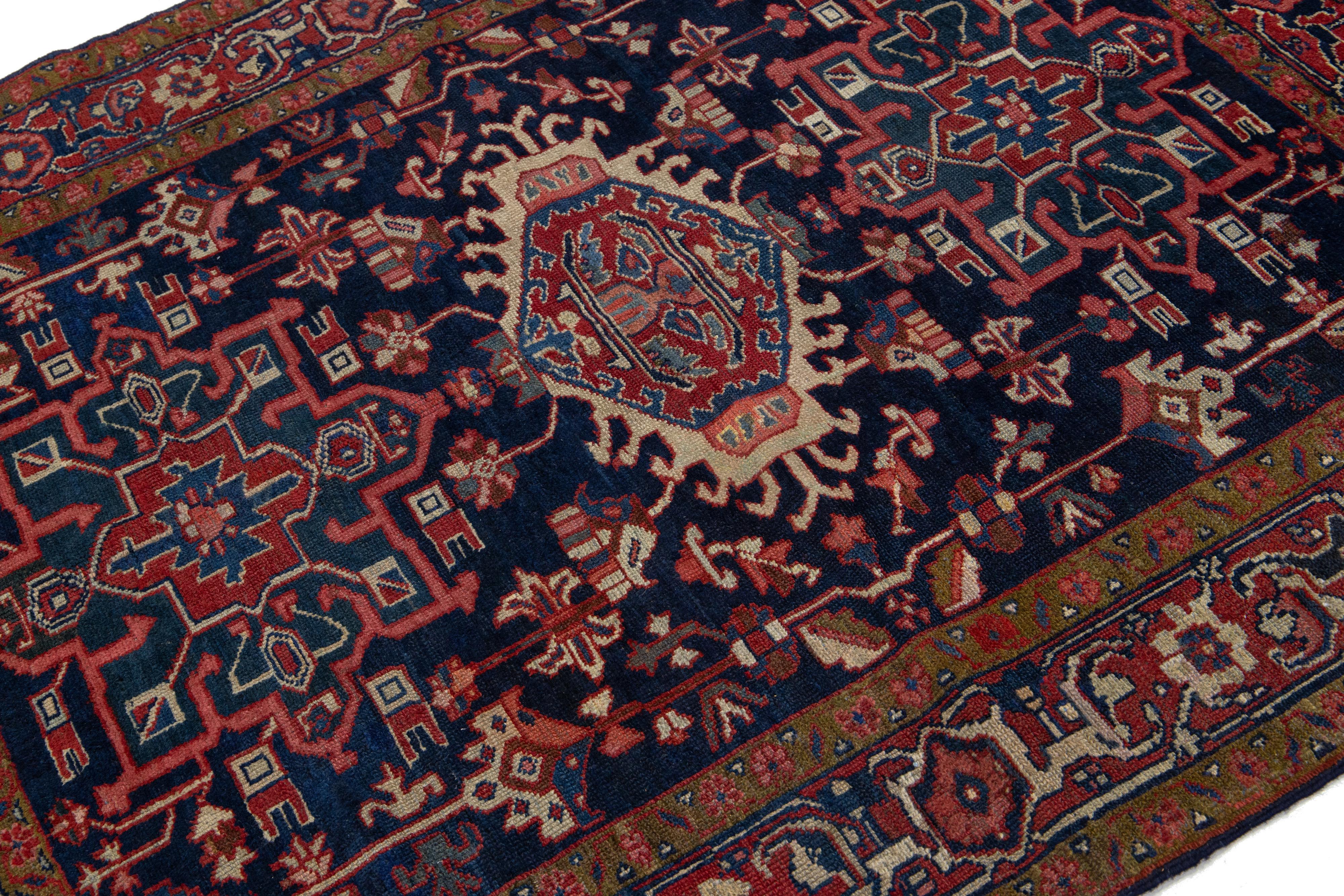 Hand-Knotted Antique Persian Heriz Blue Wool Rug Handmade With Medallion Design For Sale