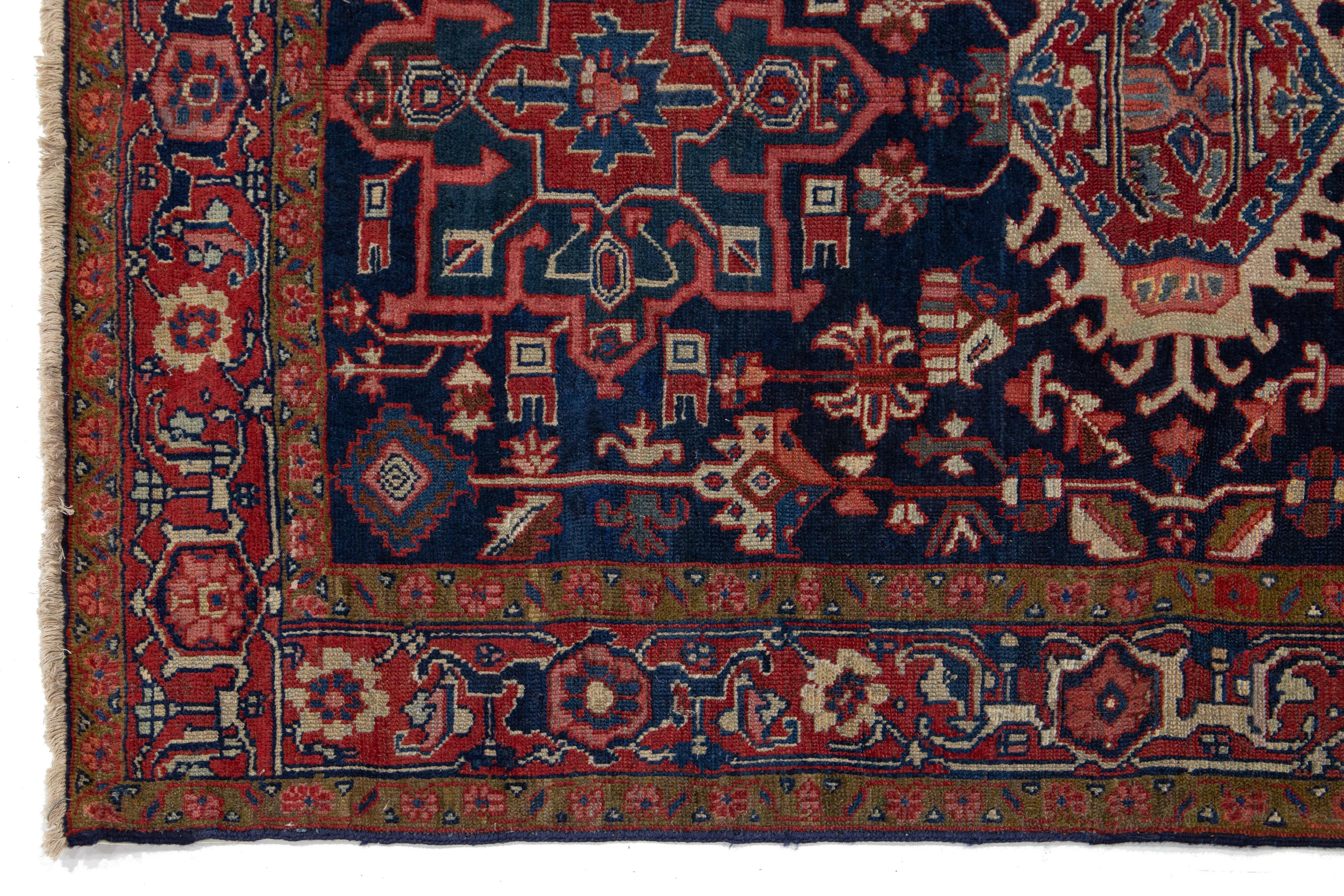 Antique Persian Heriz Blue Wool Rug Handmade With Medallion Design In Good Condition For Sale In Norwalk, CT