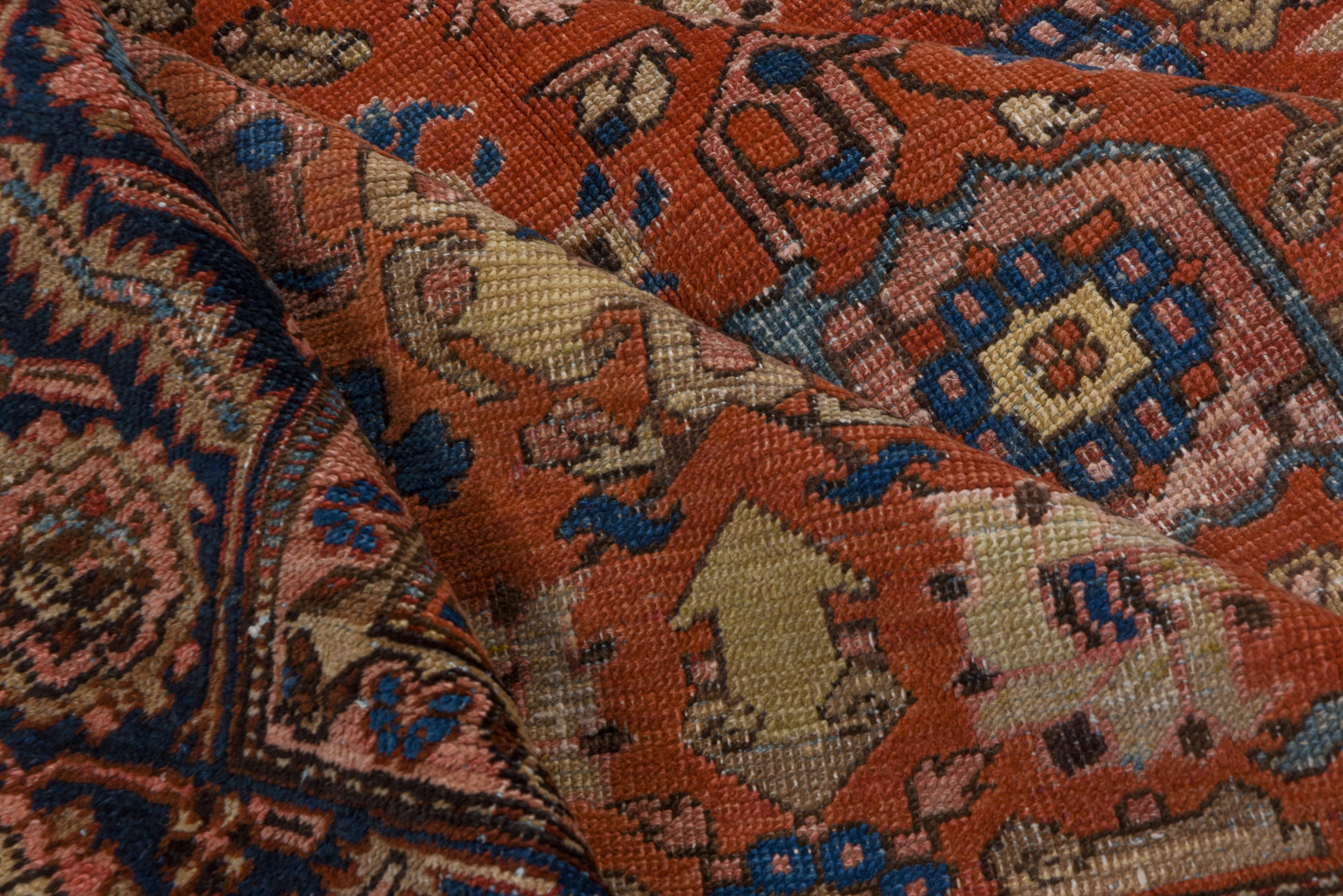 The abrashed tomato madder red field of this Persian Heriz carpet shows a five column version of the popular Harshang design of ragged palmettes, rough rosettes, tilted ovals and radiating flower arrays. Sapphire blue border with rosettes and