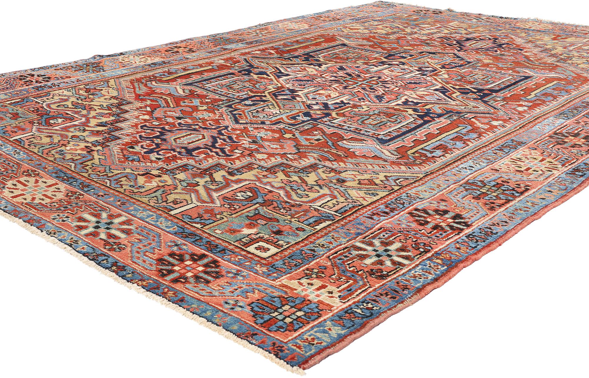 90007 Antique Persian Heriz Rug, 07'09 x 11'00. Step into a world of timeless elegance with this hand-knotted wool antique Persian Heriz rug, a testament to the rich heritage and exquisite craftsmanship of Persian rug weaving. At its heart, an