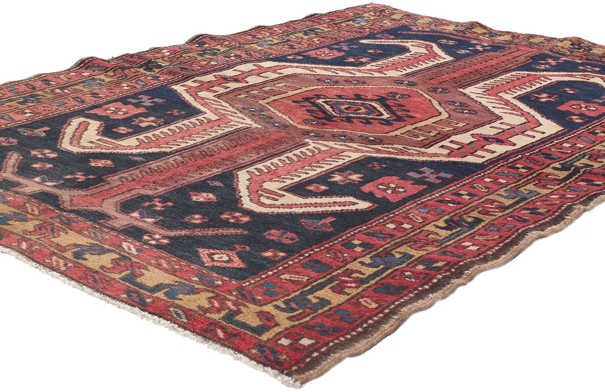 61242 Antique Persian Karaja Heriz Rug, 03'11 x 05'04. This hand-knotted wool antique Persian Karaja Heriz rug is a captivating piece of artistry, steeped in rich tribal symbolism and intricate design. At its heart lies a striking scarab beetle
