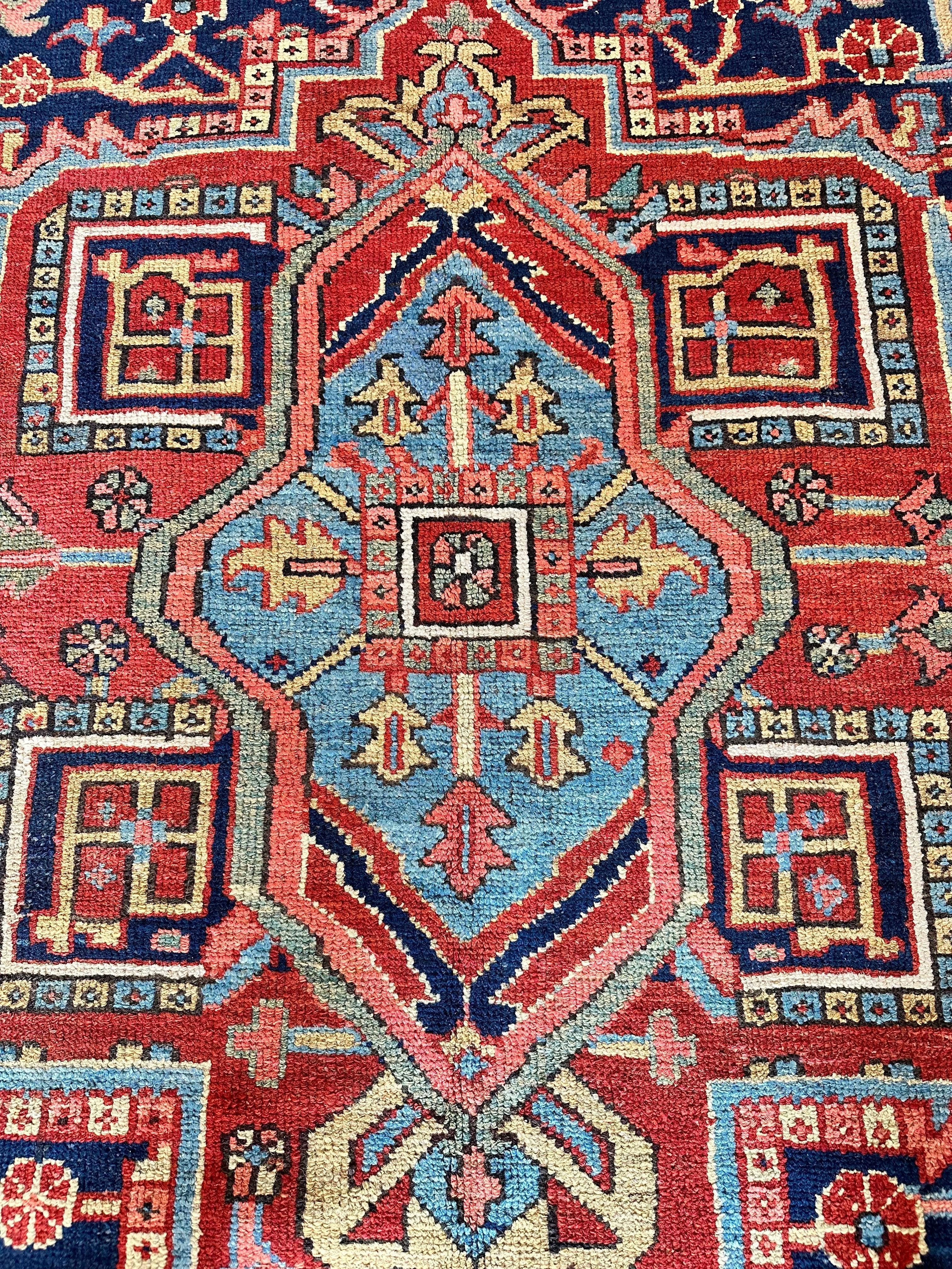 Antique Persian Heriz Carpet Handmade Wool Oriental Rug, Navy, Light Blue, Gold For Sale 5