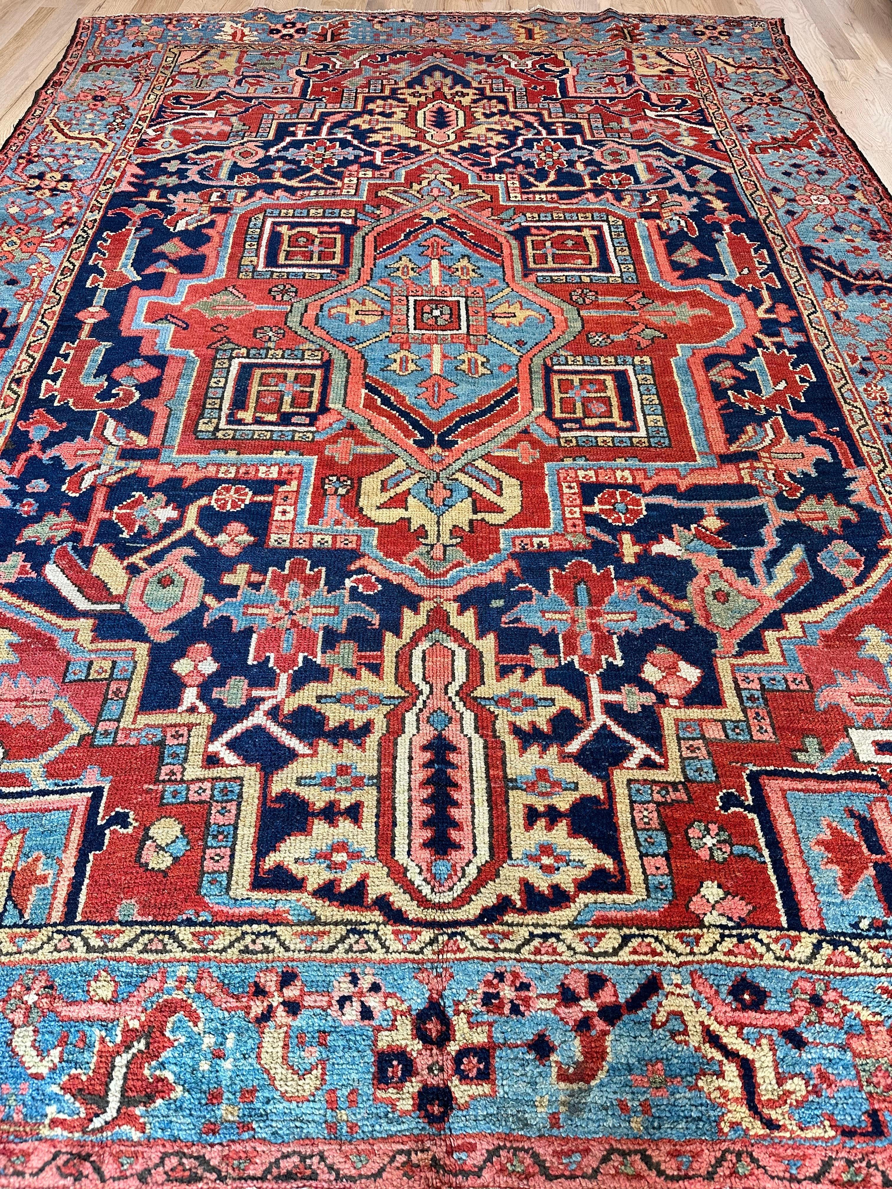 Antique Persian Heriz Carpet Handmade Wool Oriental Rug, Navy, Light Blue, Gold For Sale 6