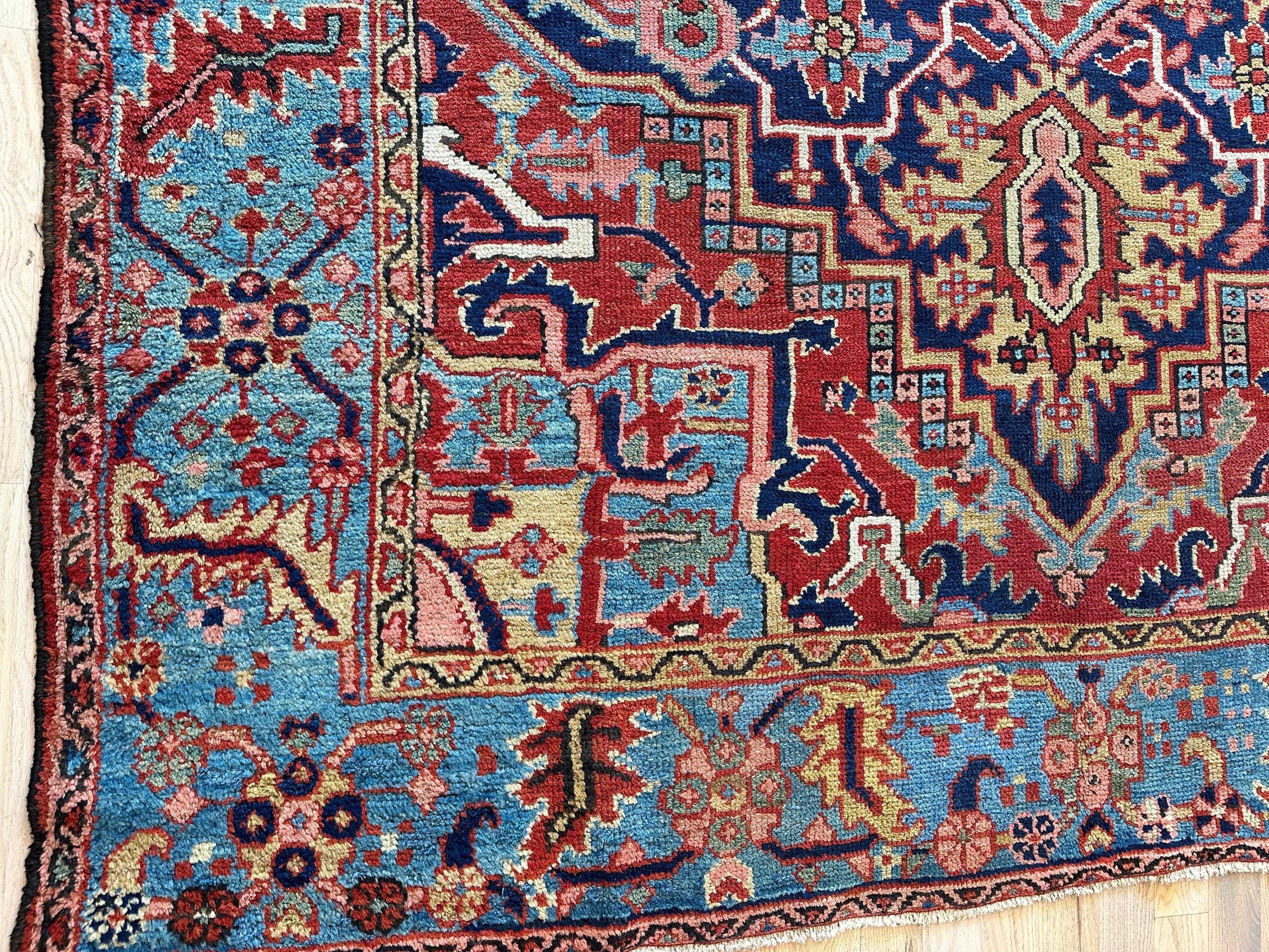 Antique Persian Heriz Carpet Handmade Wool Oriental Rug, Navy, Light Blue, Gold For Sale 7