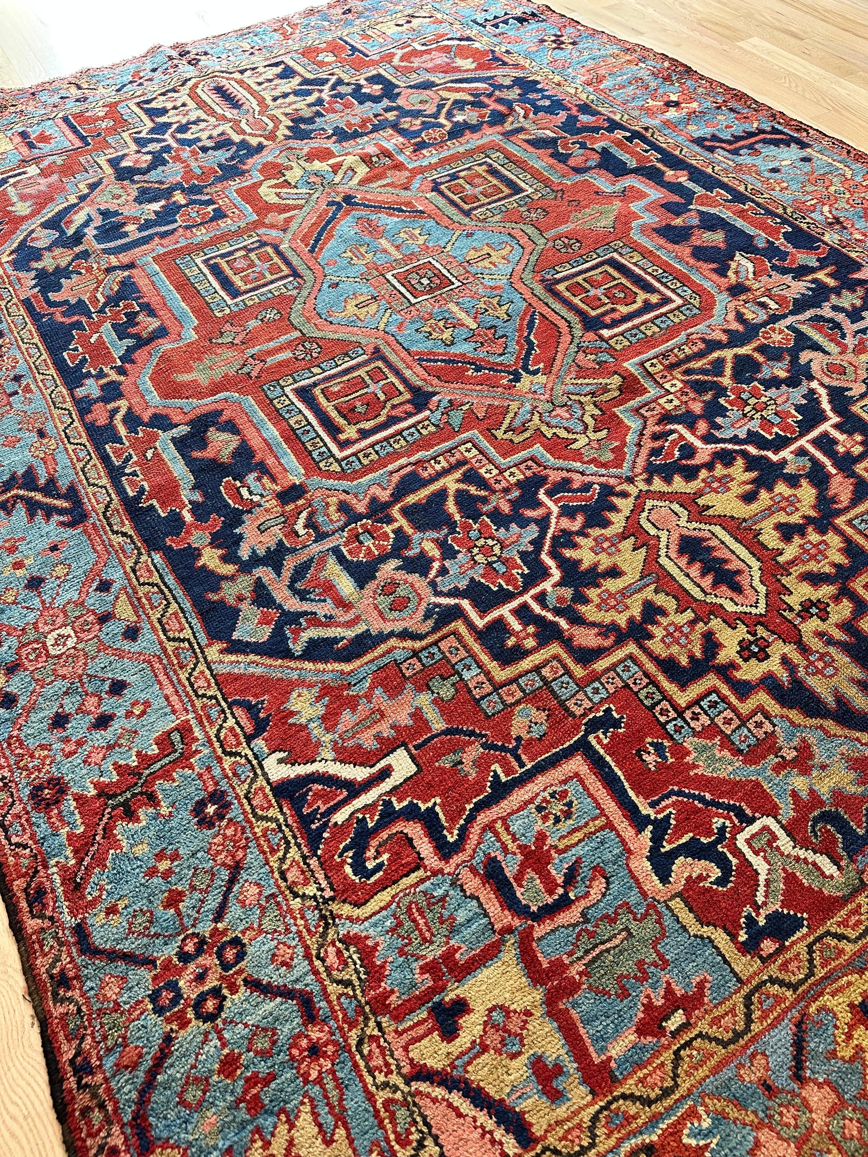 Antique Persian Heriz Carpet Handmade Wool Oriental Rug, Navy, Light Blue, Gold For Sale 8