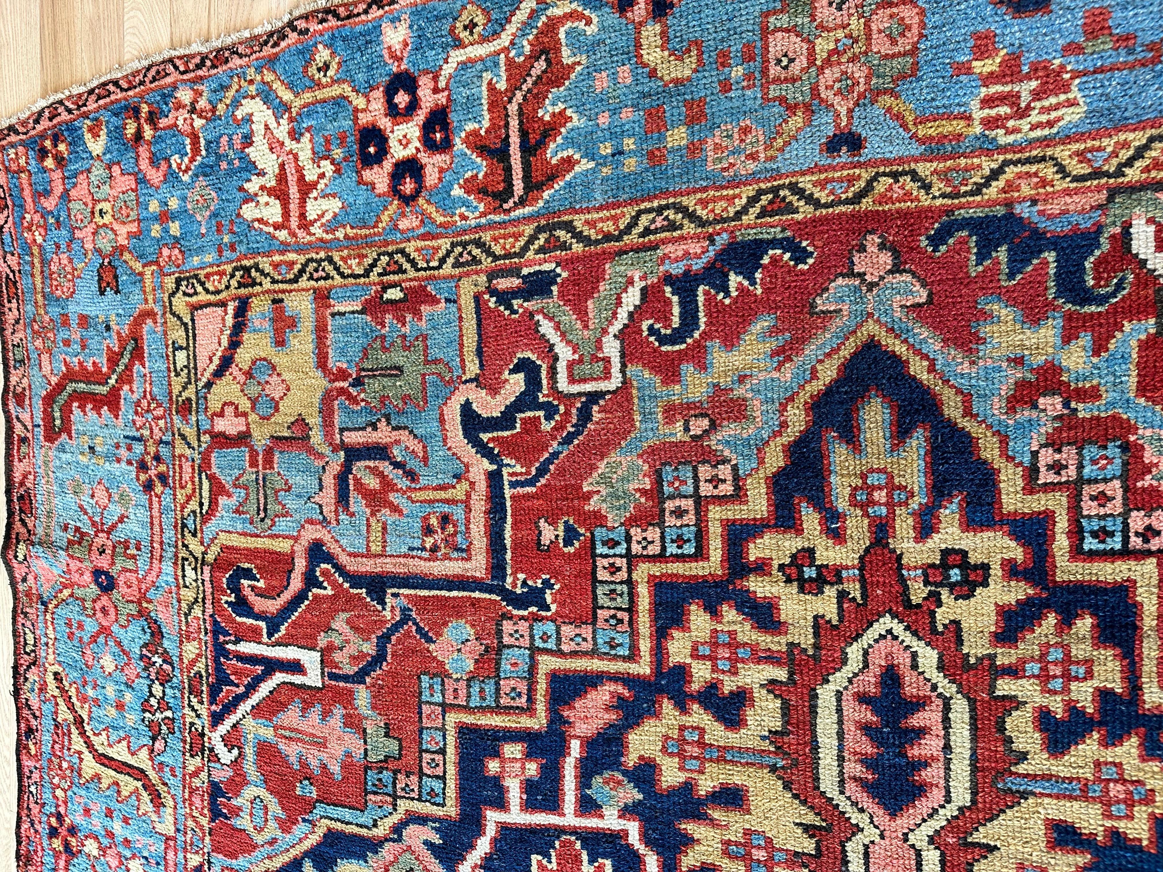 Antique Persian Heriz Carpet Handmade Wool Oriental Rug, Navy, Light Blue, Gold For Sale 9
