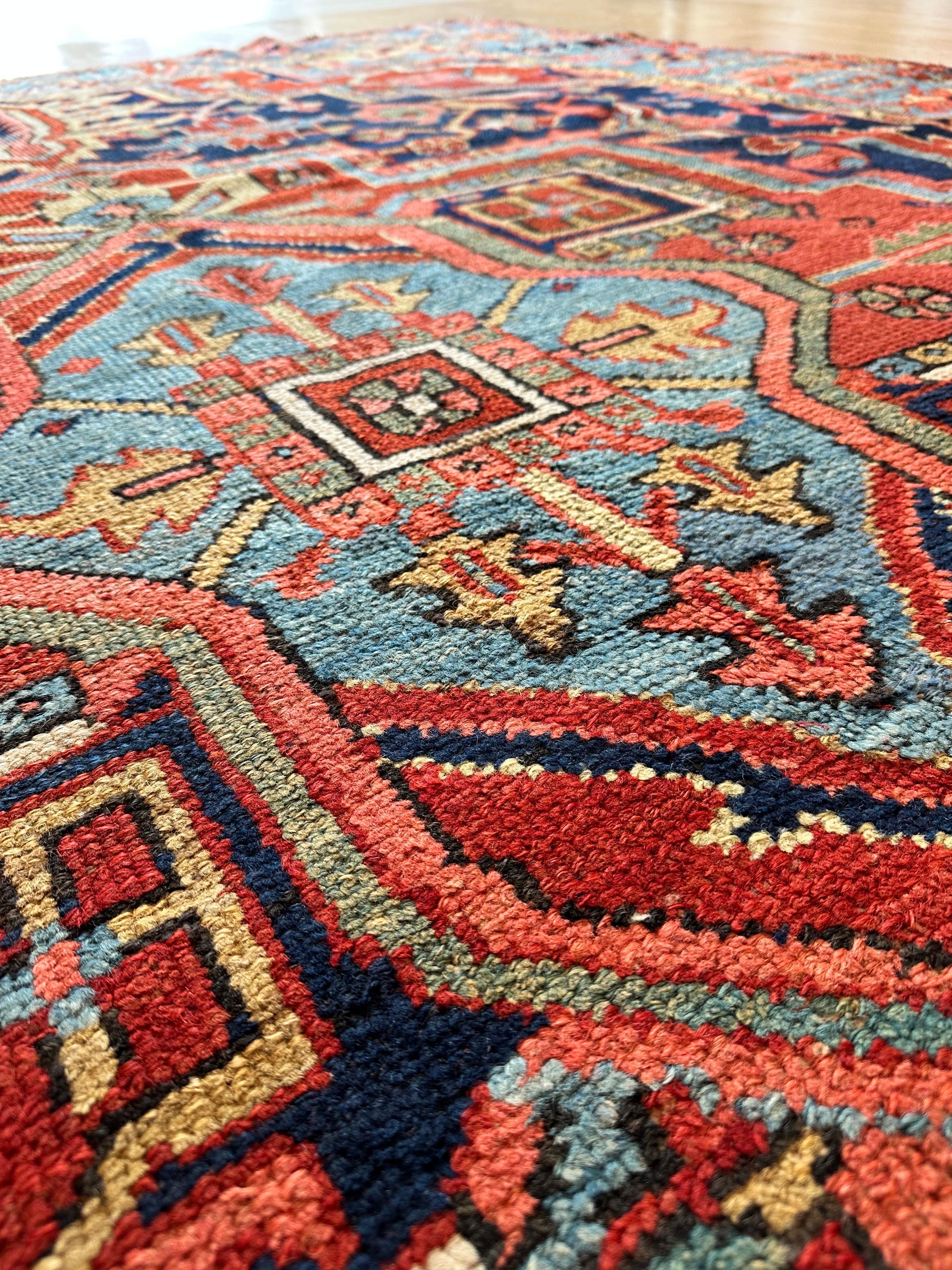 Antique Persian Heriz Carpet Handmade Wool Oriental Rug, Navy, Light Blue, Gold For Sale 10