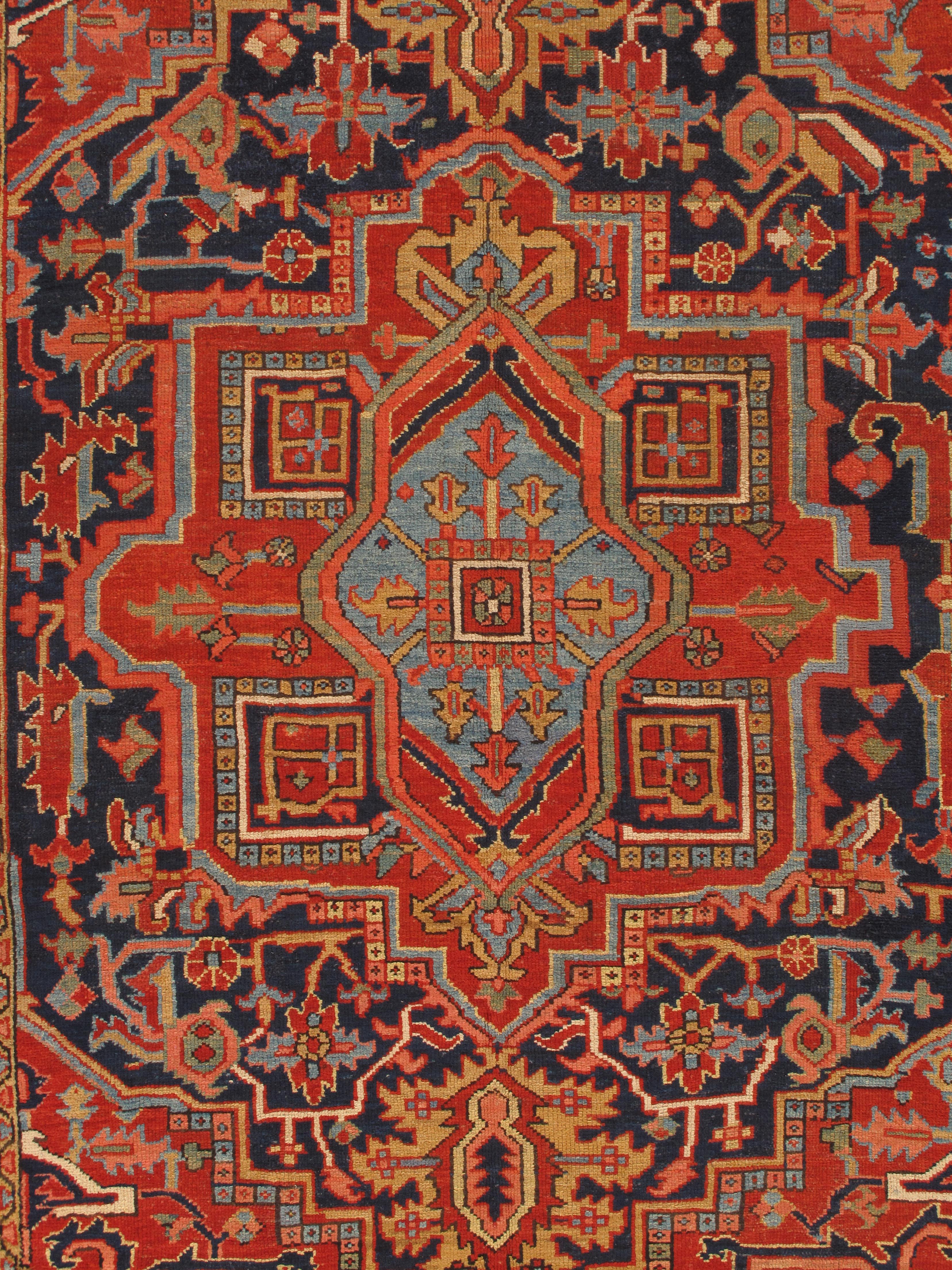 Heriz Serapi Antique Persian Heriz Carpet Handmade Wool Oriental Rug, Navy, Light Blue, Gold For Sale
