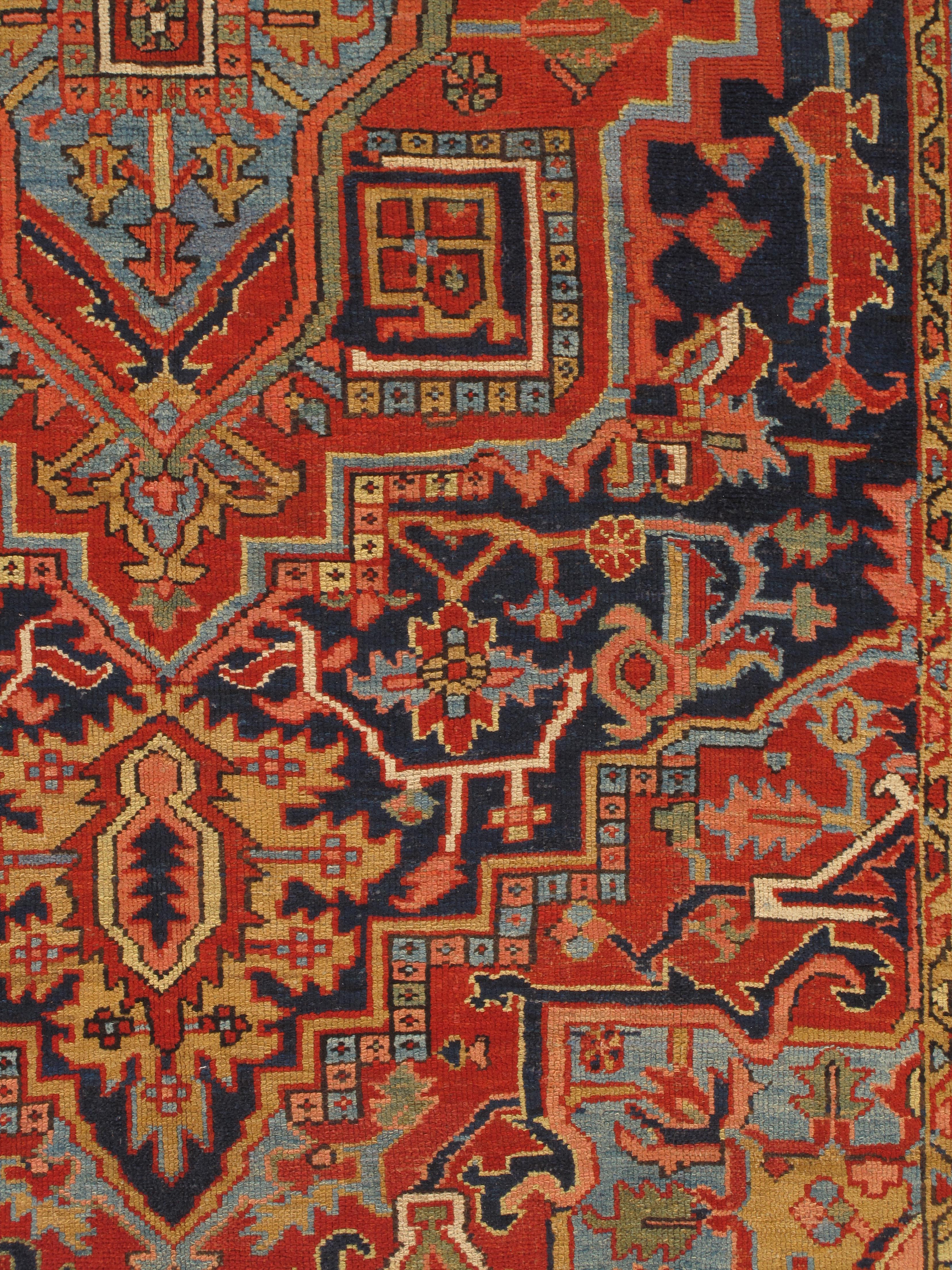 20th Century Antique Persian Heriz Carpet Handmade Wool Oriental Rug, Navy, Light Blue, Gold For Sale
