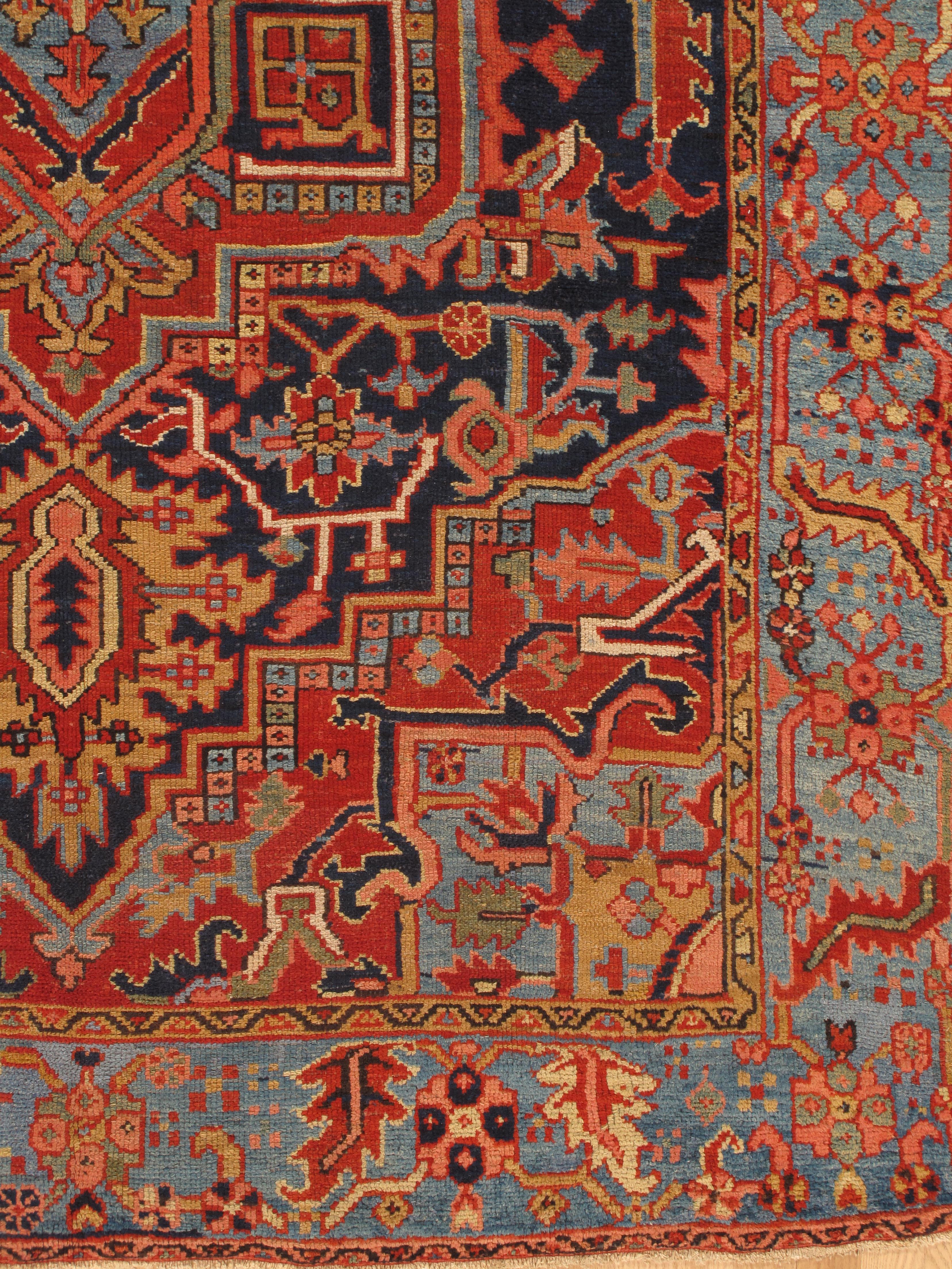 Antique Persian Heriz Carpet Handmade Wool Oriental Rug, Navy, Light Blue, Gold For Sale 2