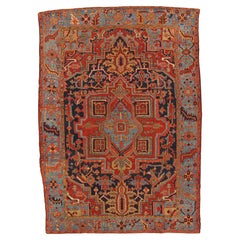 Antico tappeto persiano Heriz fatto a mano in lana orientale, navy, azzurro, oro