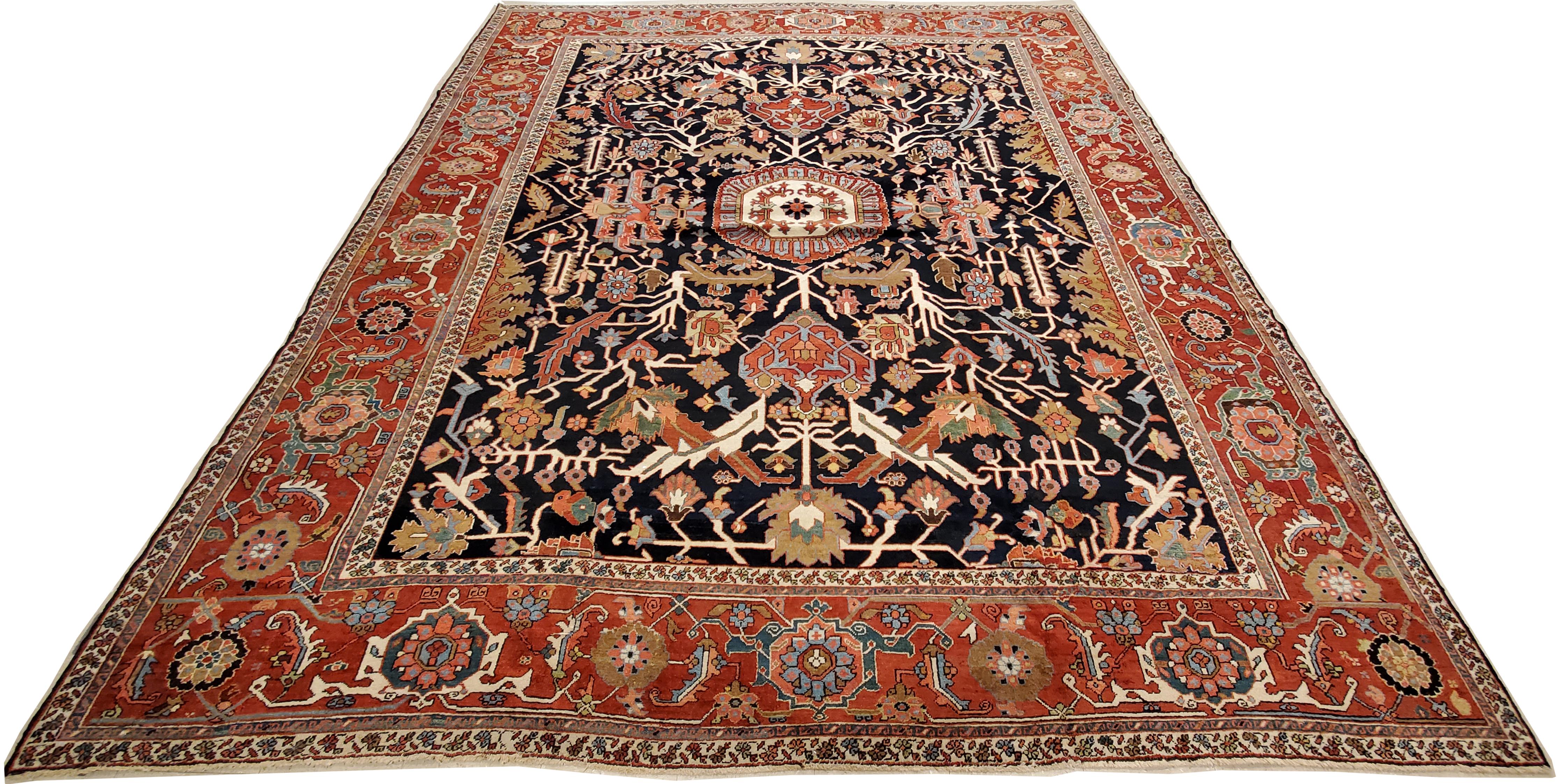 Tapis persan ancien Heriz en laine fait à la main, rouille, bleu marine en vente 4