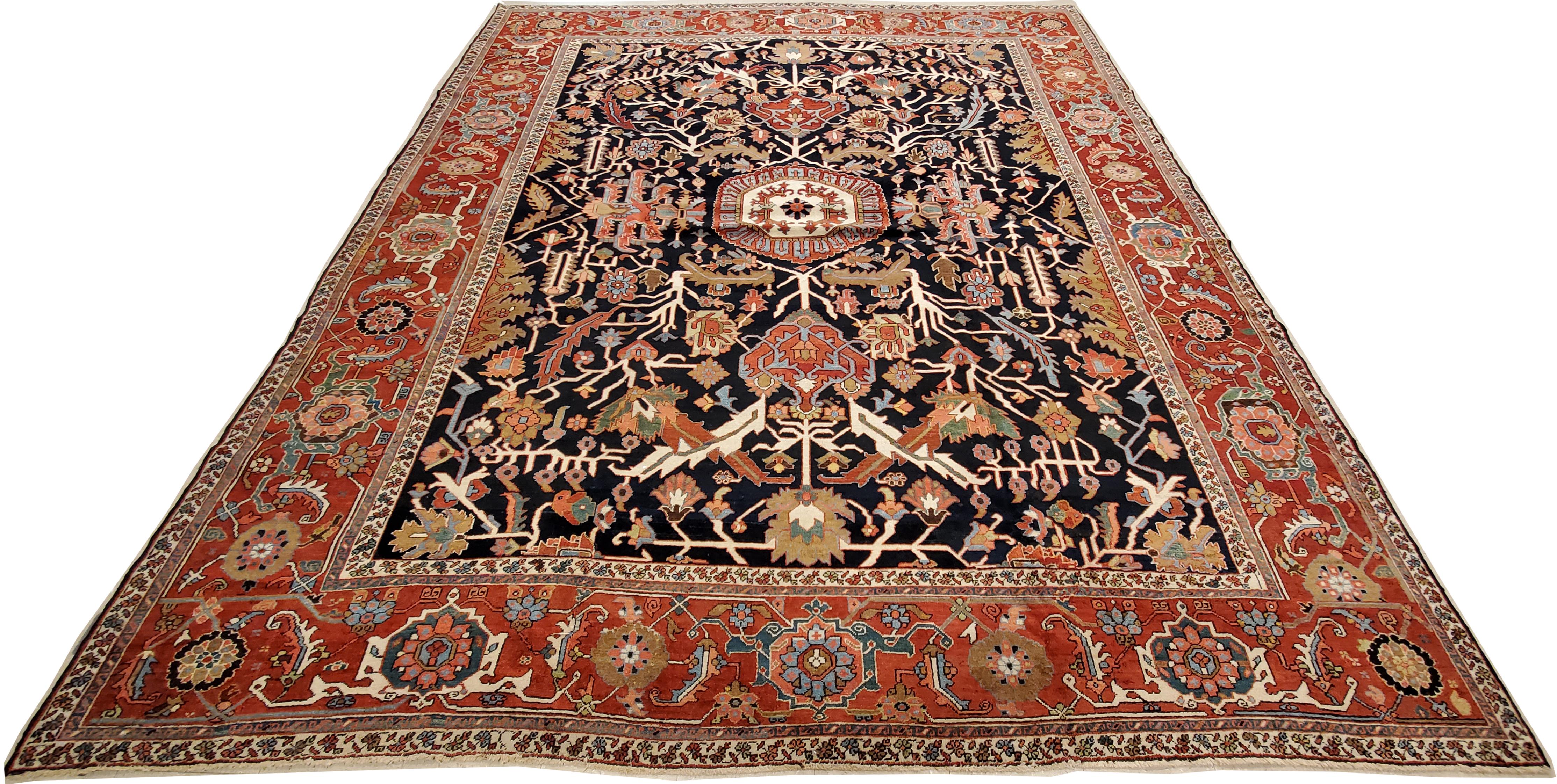 Antique Persian Heriz Carpet Handmade Wool Oriental Rug, Rust, Navy For Sale 6