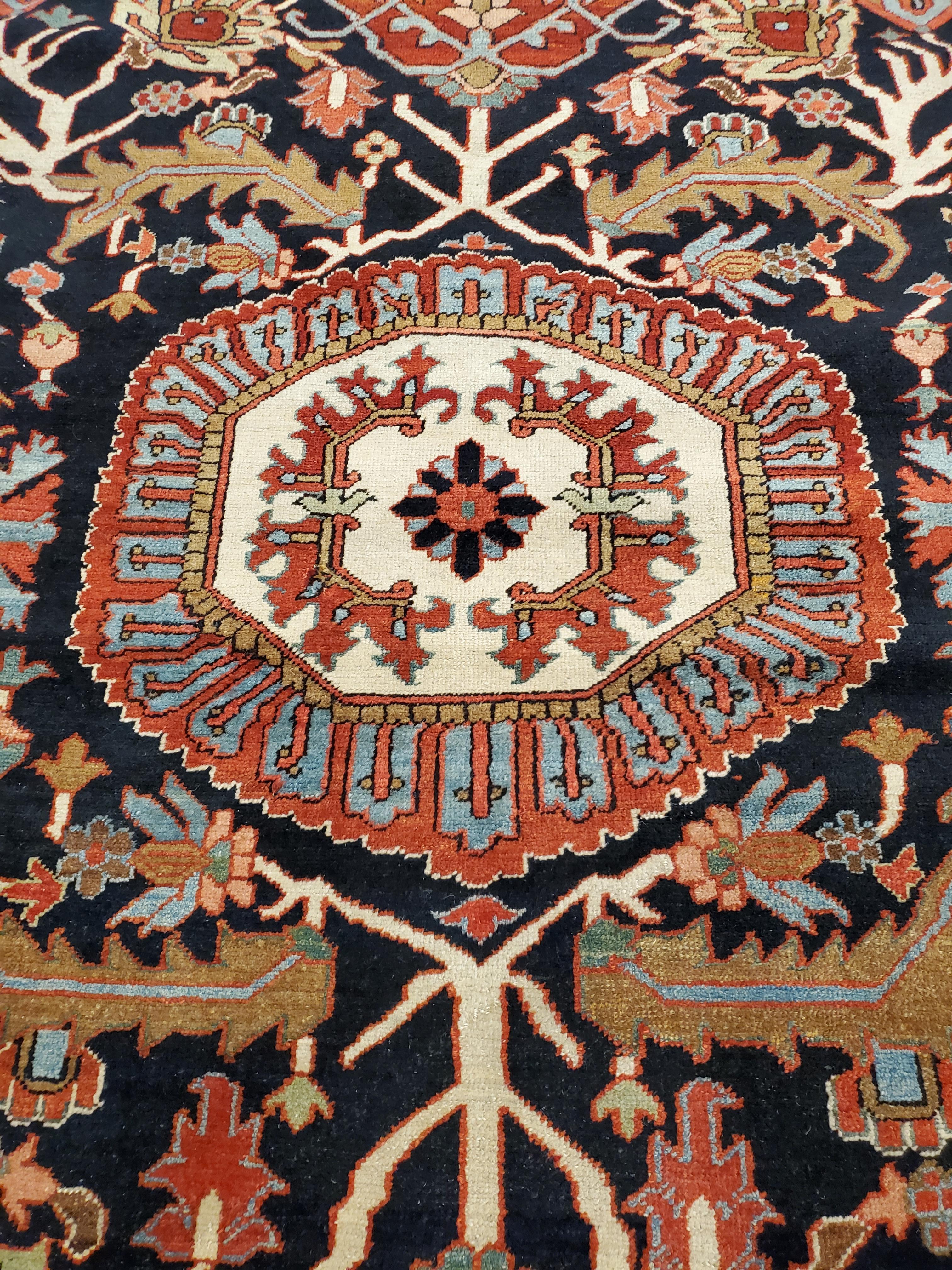 Antique Persian Heriz Carpet Handmade Wool Oriental Rug, Rust, Navy In Excellent Condition For Sale In Port Washington, NY