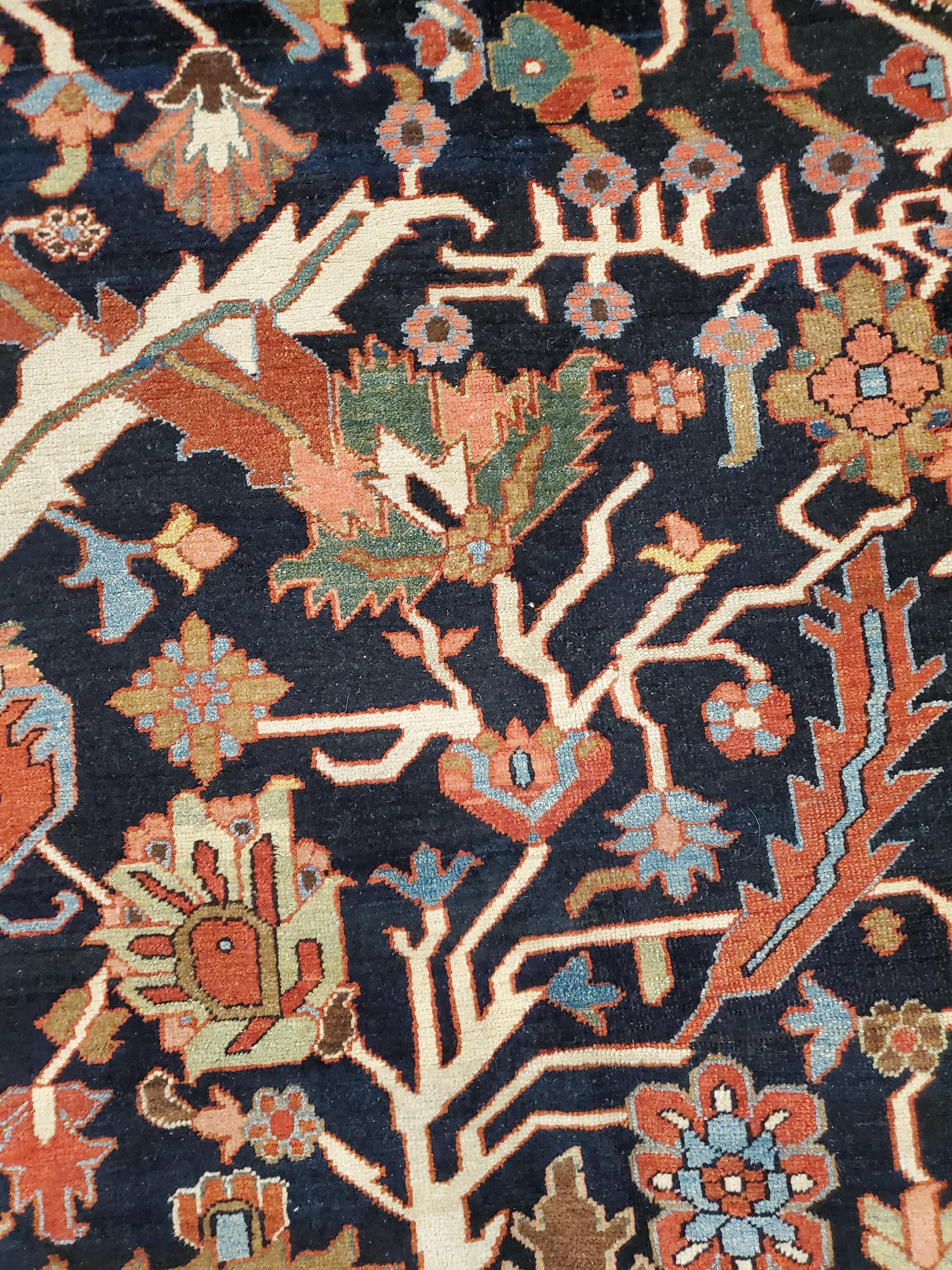19th Century Antique Persian Heriz Carpet Handmade Wool Oriental Rug, Rust, Navy For Sale