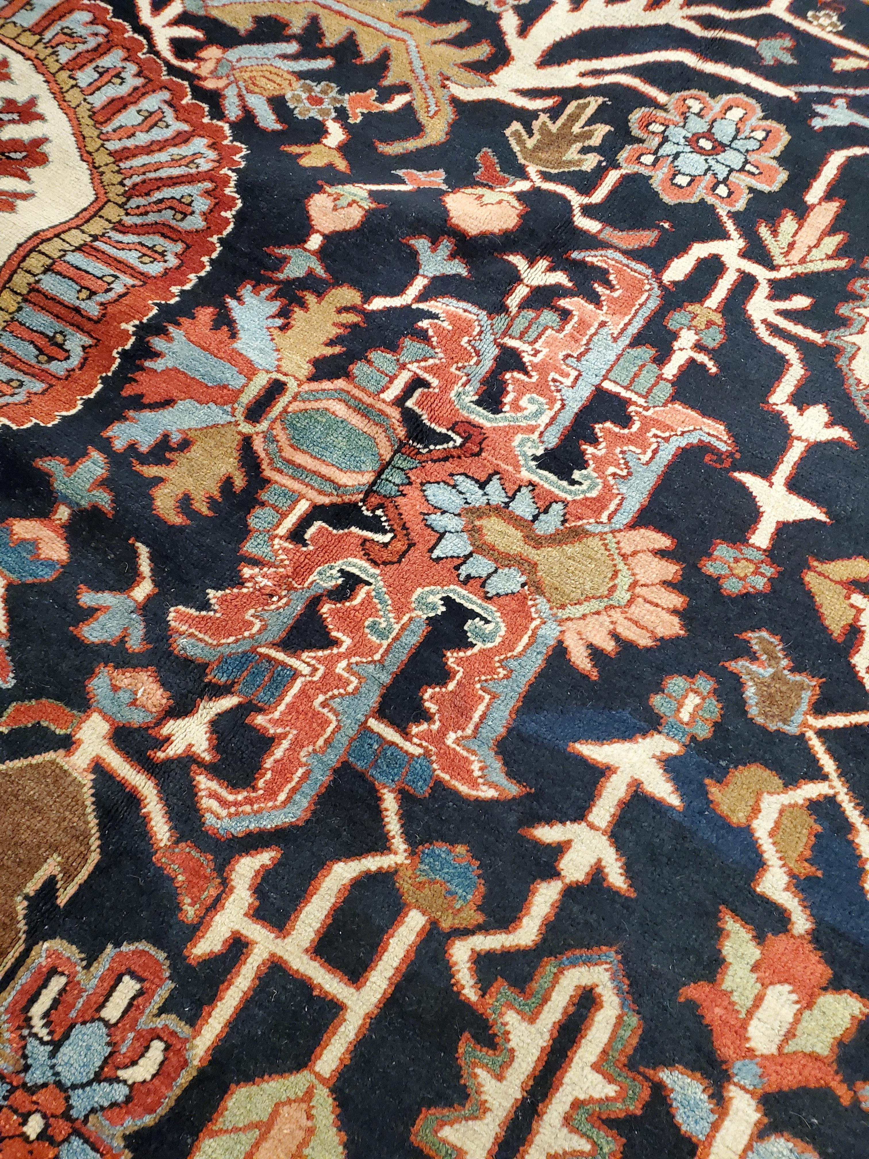 Antique Persian Heriz Carpet Handmade Wool Oriental Rug, Rust, Navy For Sale 3