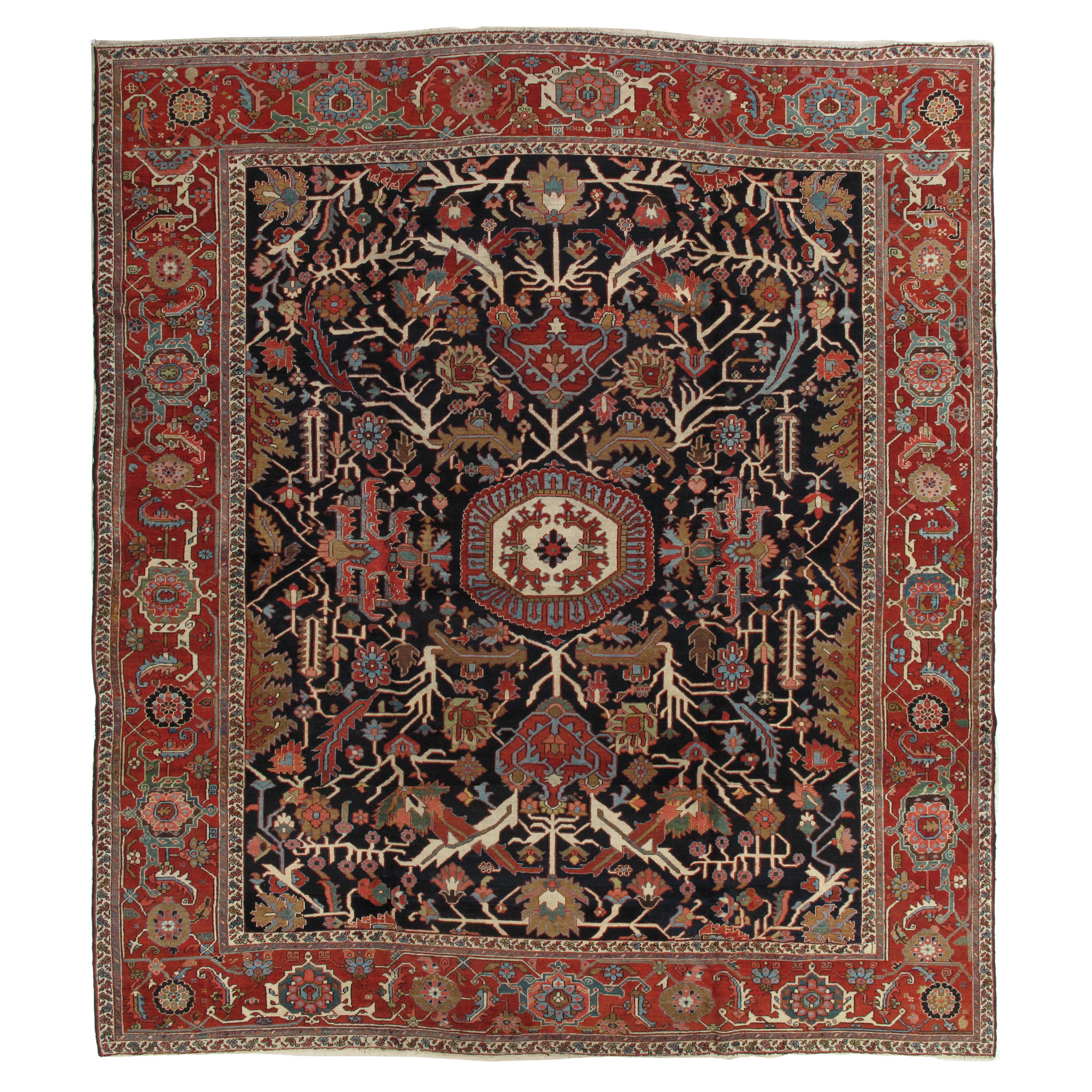 Antiker persischer Heriz-Teppich aus handgefertigter Wolle, Rost, Marineblau