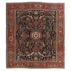 Antique Persian Heriz Carpet Handmade Wool Oriental Rug, Rust, Navy