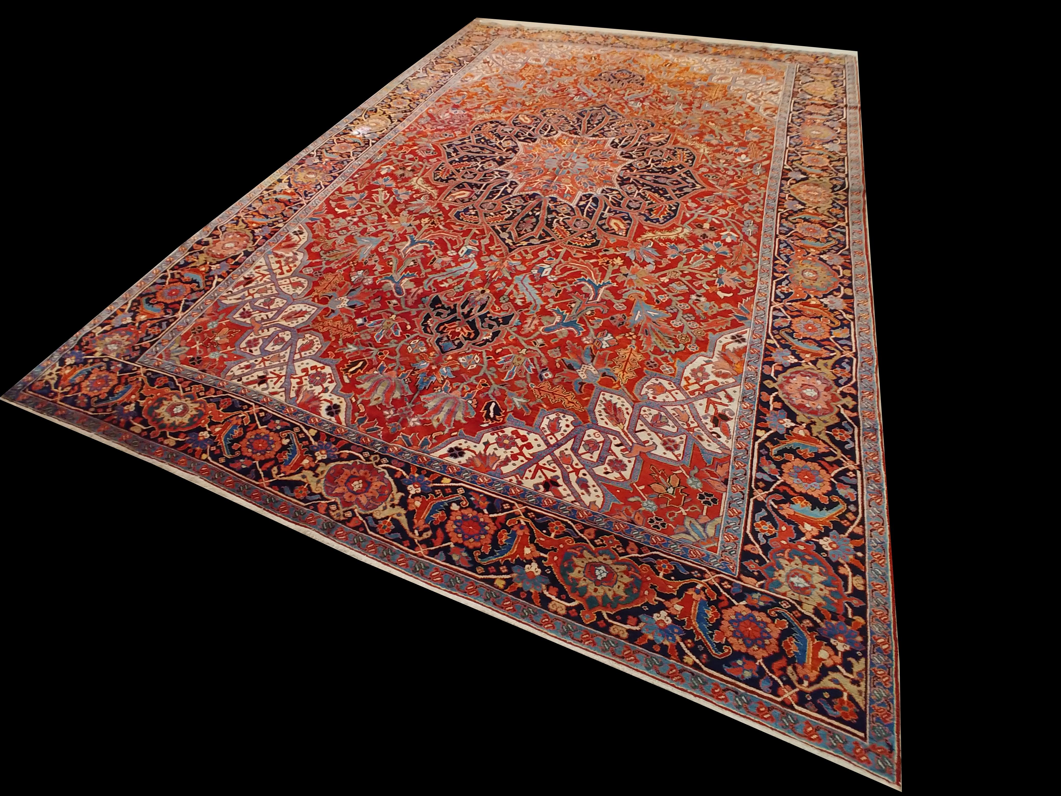 Alfombra persa antigua Heriz Alfombra oriental de lana hecha a mano, óxido, azul marino, marfil, dorado en venta 2