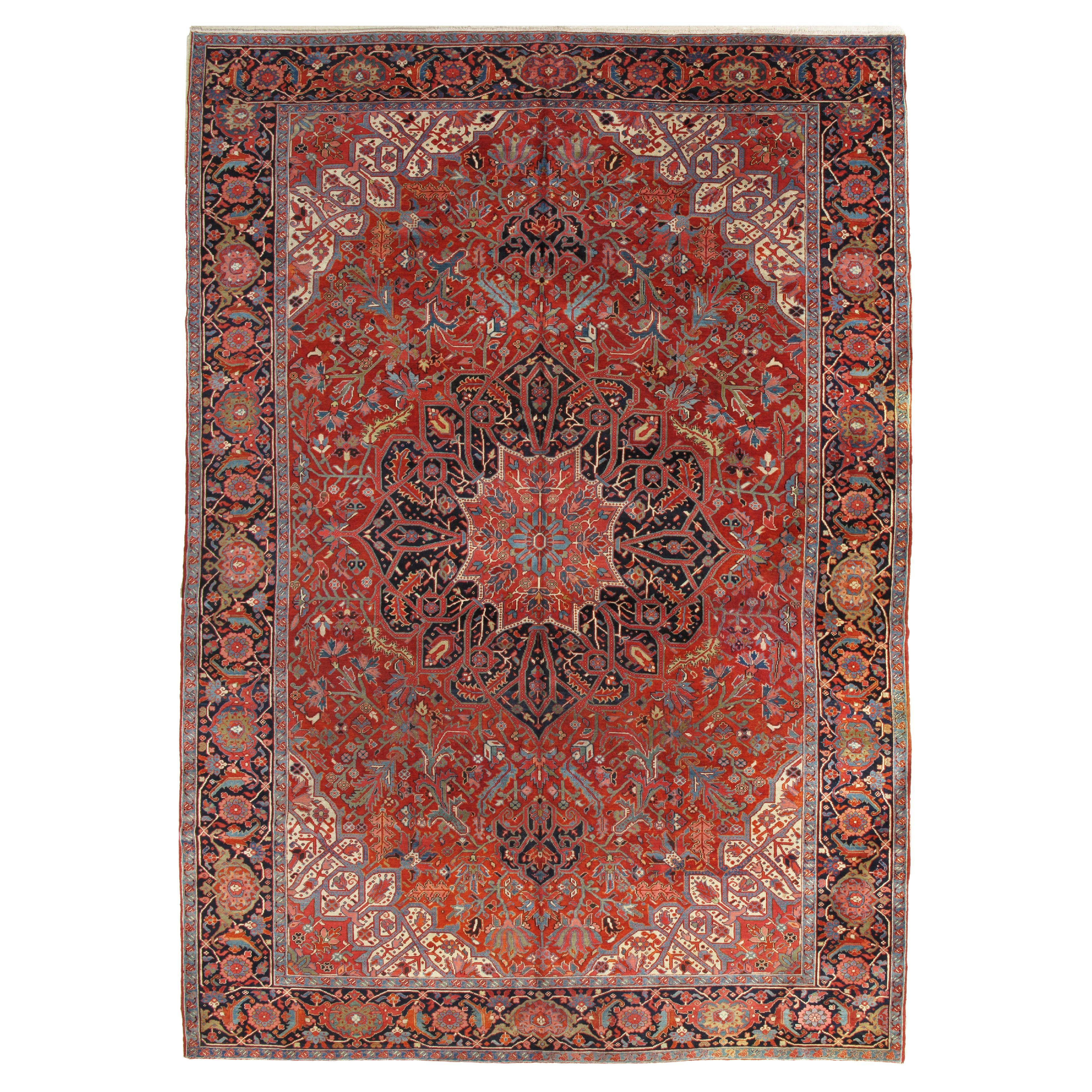 Alfombra persa antigua Heriz Alfombra oriental de lana hecha a mano, óxido, azul marino, marfil, dorado en venta