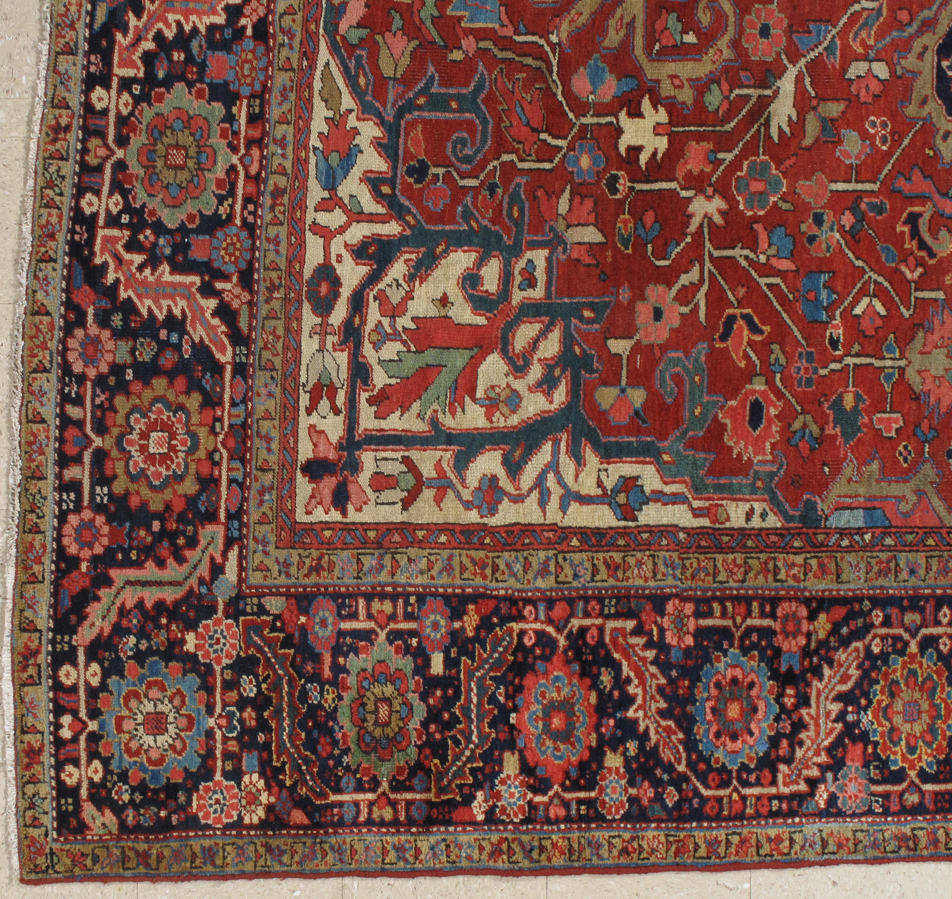 Antique Persian Heriz Carpet, Handmade Wool Oriental Rug, Rust, Navy, Lt Blue 3