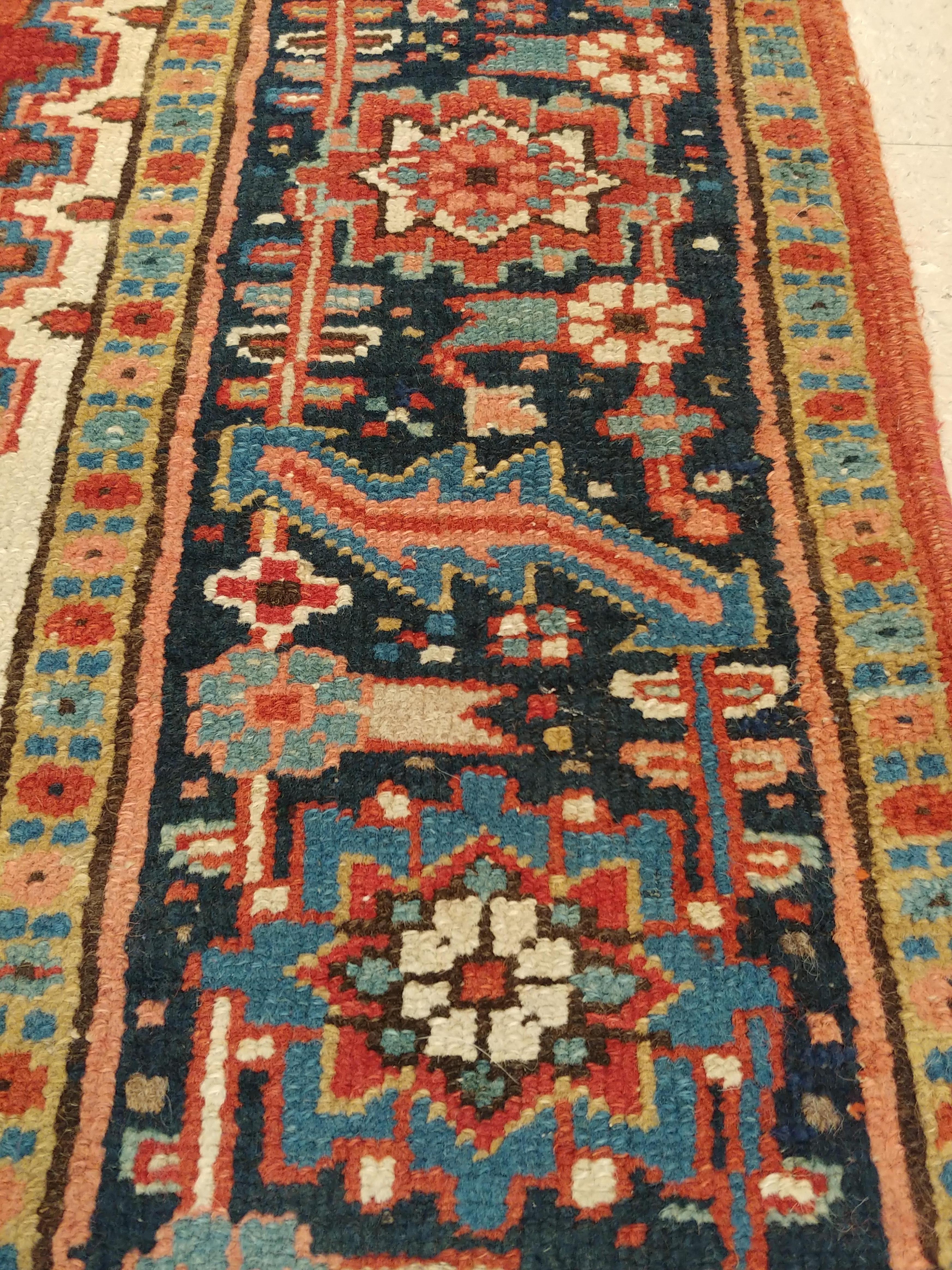 Antique Persian Heriz Carpet, Handmade Wool Oriental Rug, Rust, Navy, Lt Blue 1