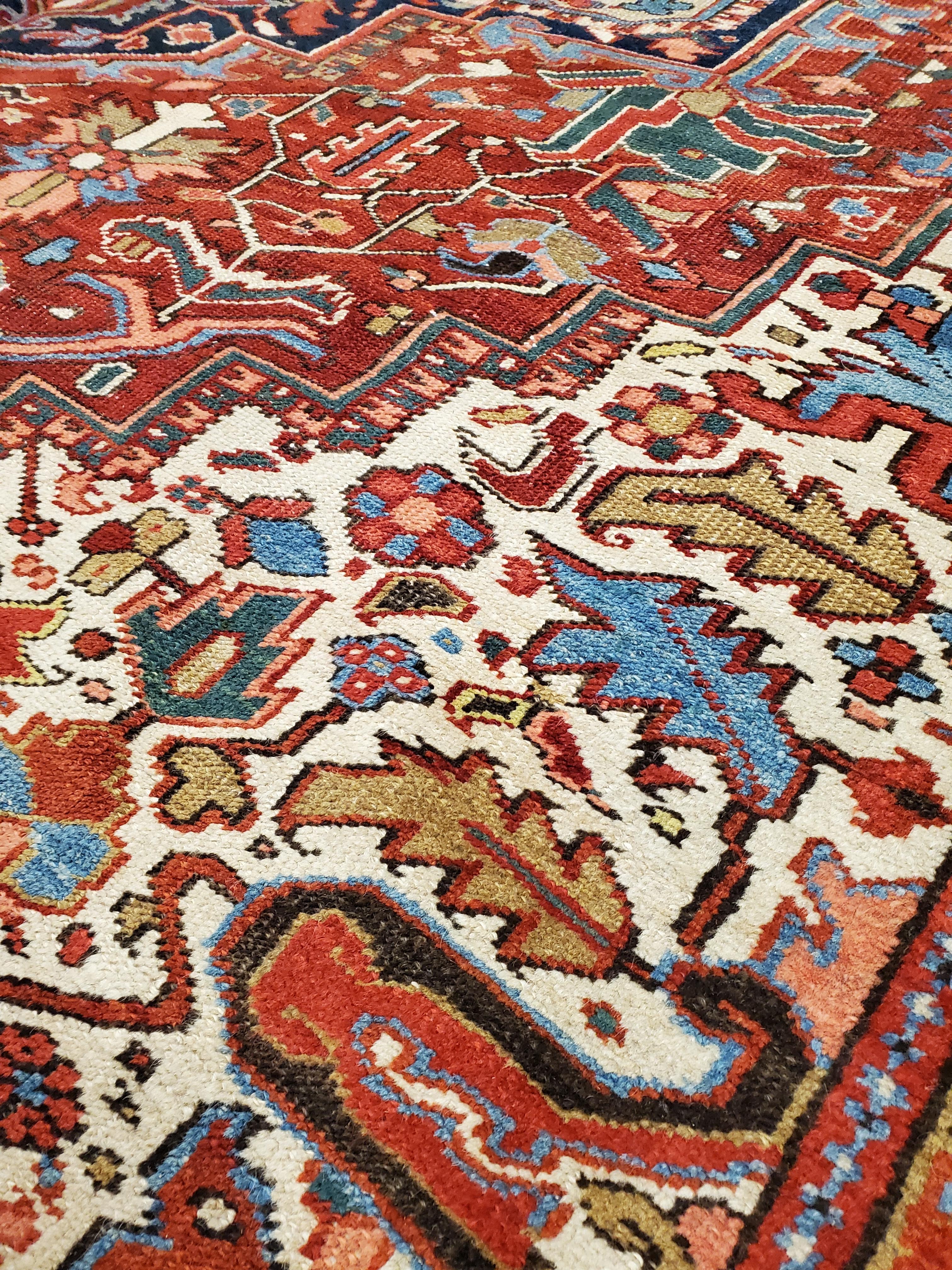 Antique Persian Heriz Carpet, Handmade Wool Oriental Rug, Rust, Navy, Lt Blue For Sale 5