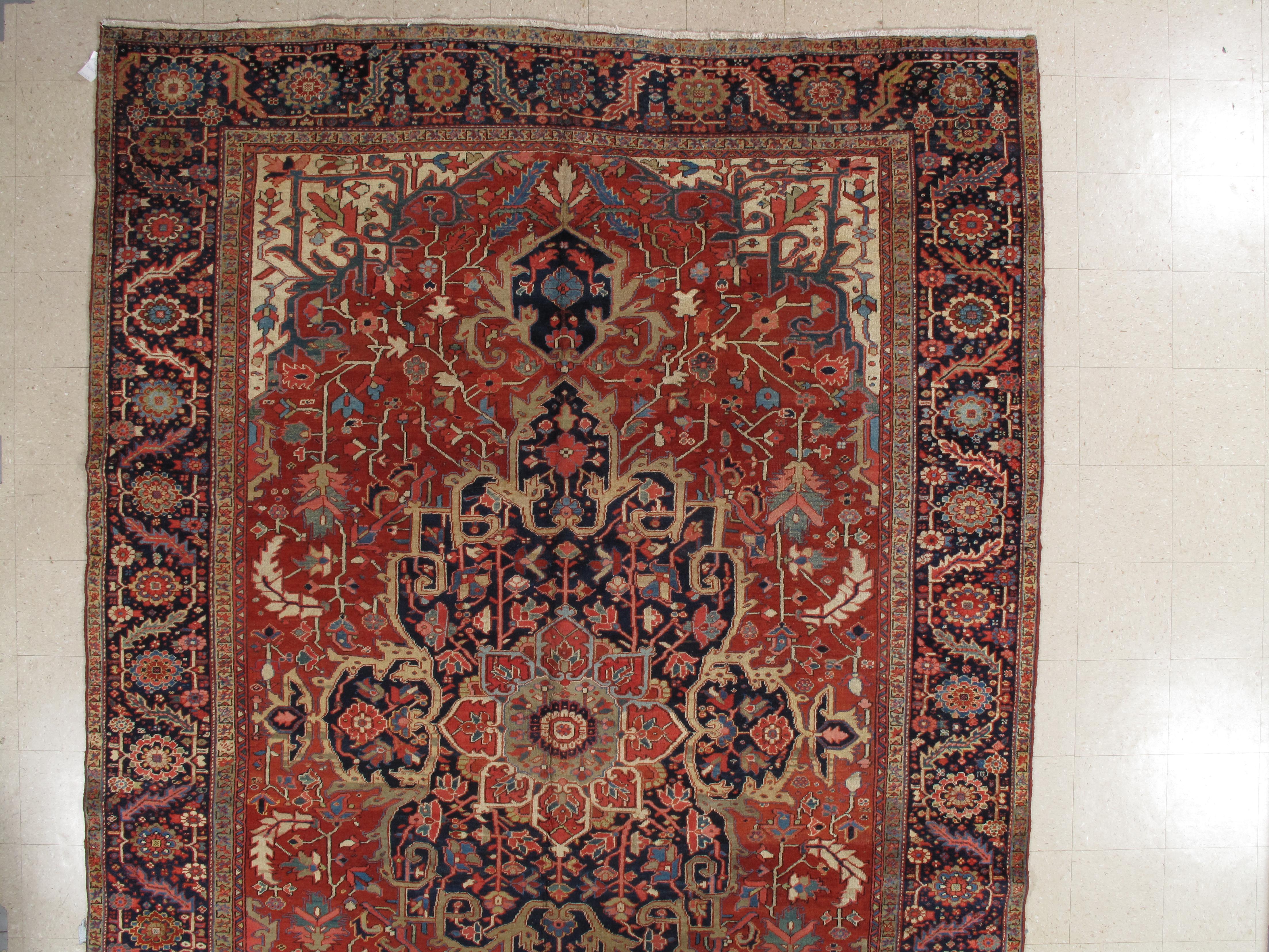 Antique Persian Heriz Carpet, Handmade Wool Oriental Rug, Rust, Navy, Lt Blue 5