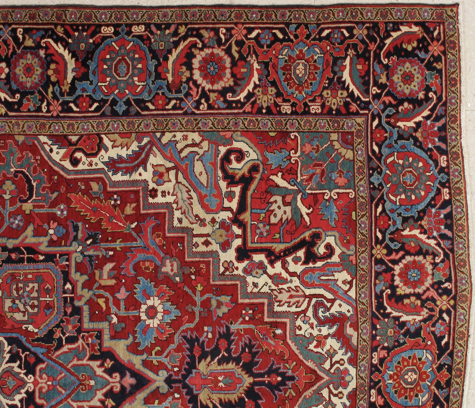 Heriz Serapi Antique Persian Heriz Carpet, Handmade Wool Oriental Rug, Rust, Navy, Lt Blue