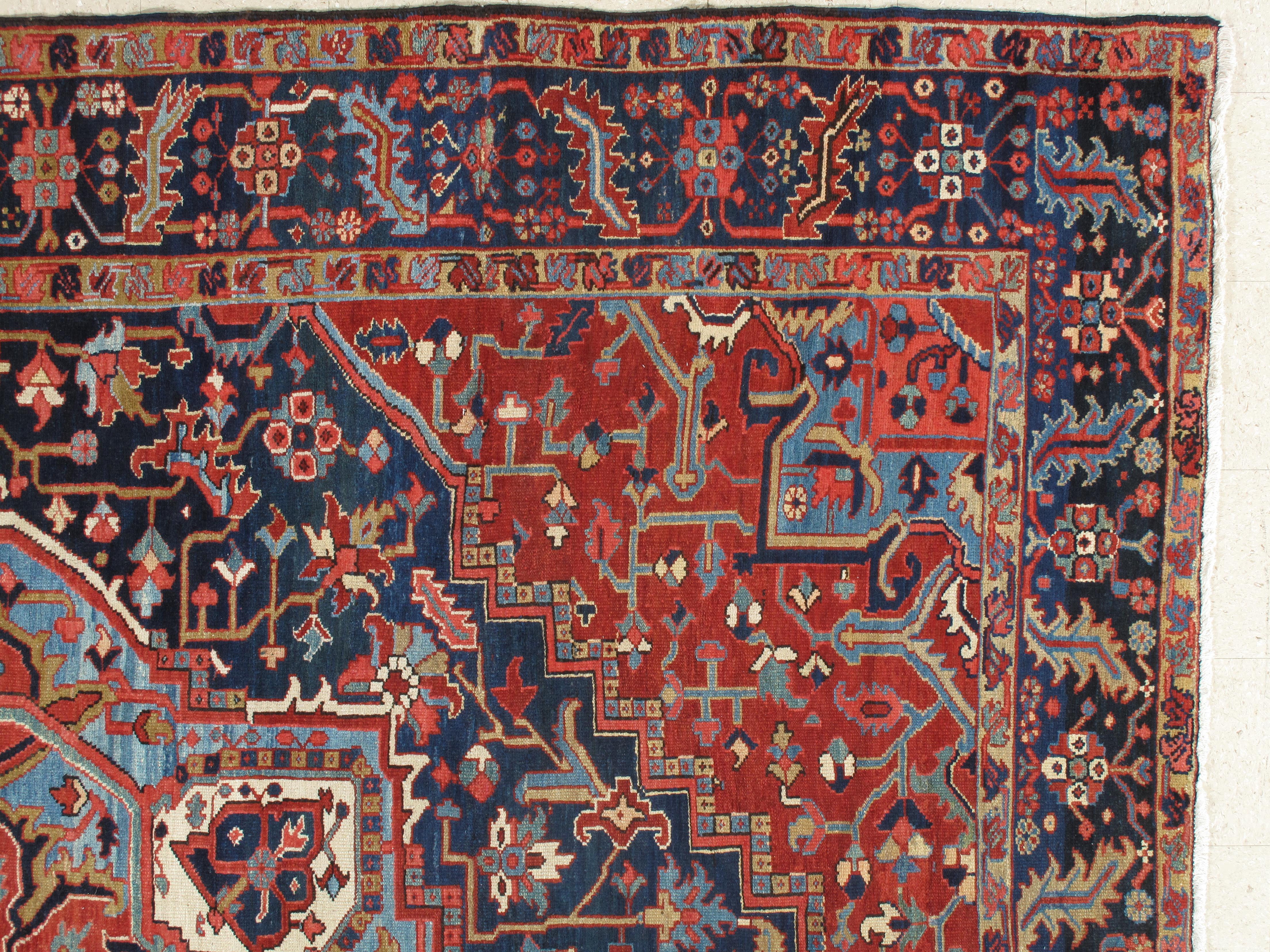 Heriz Serapi Antique Persian Heriz Carpet, Handmade Wool Oriental Rug, Rust, Navy, Lt Blue