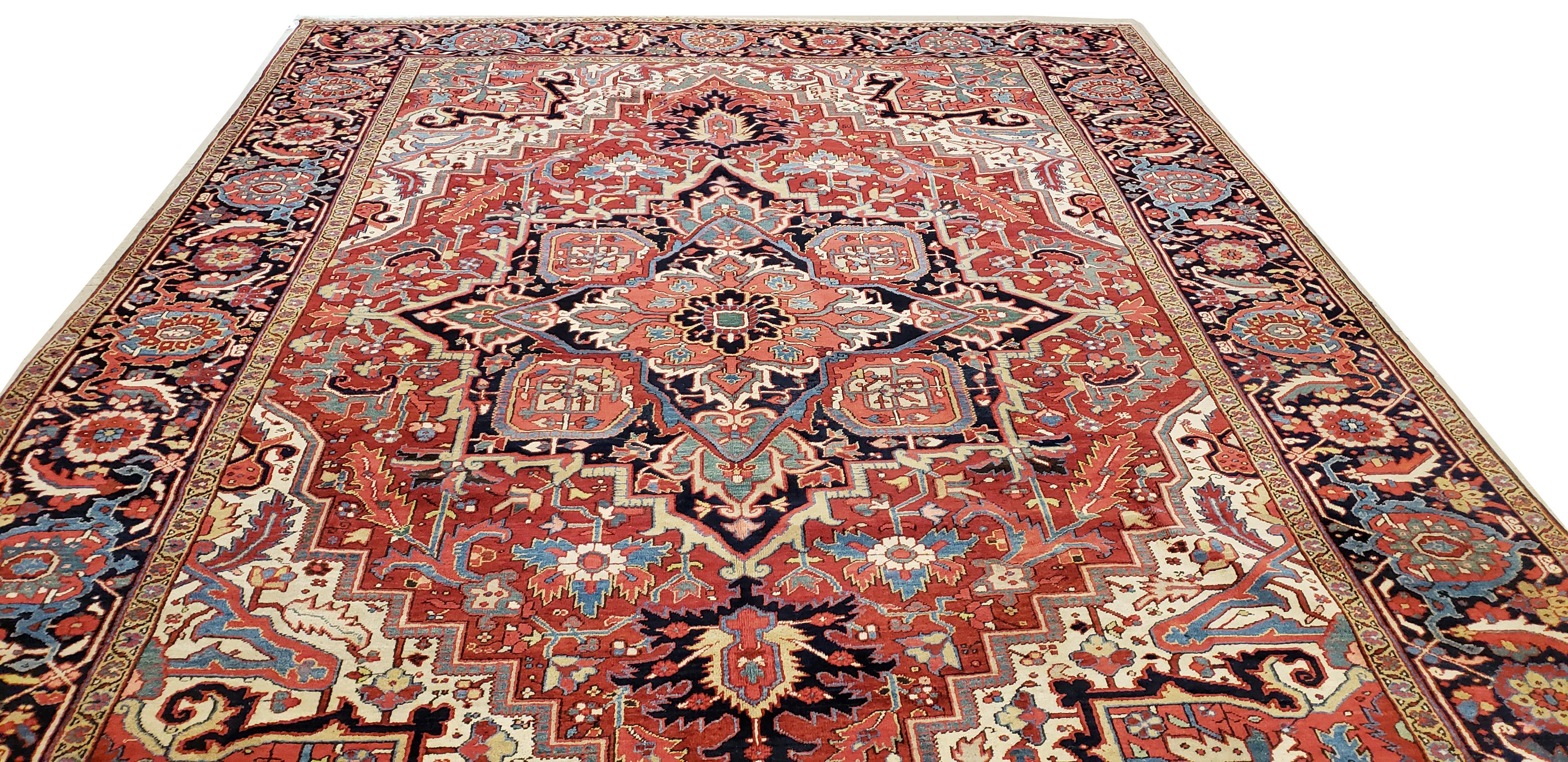 Hand-Knotted Antique Persian Heriz Carpet, Handmade Wool Oriental Rug, Rust, Navy, Lt Blue