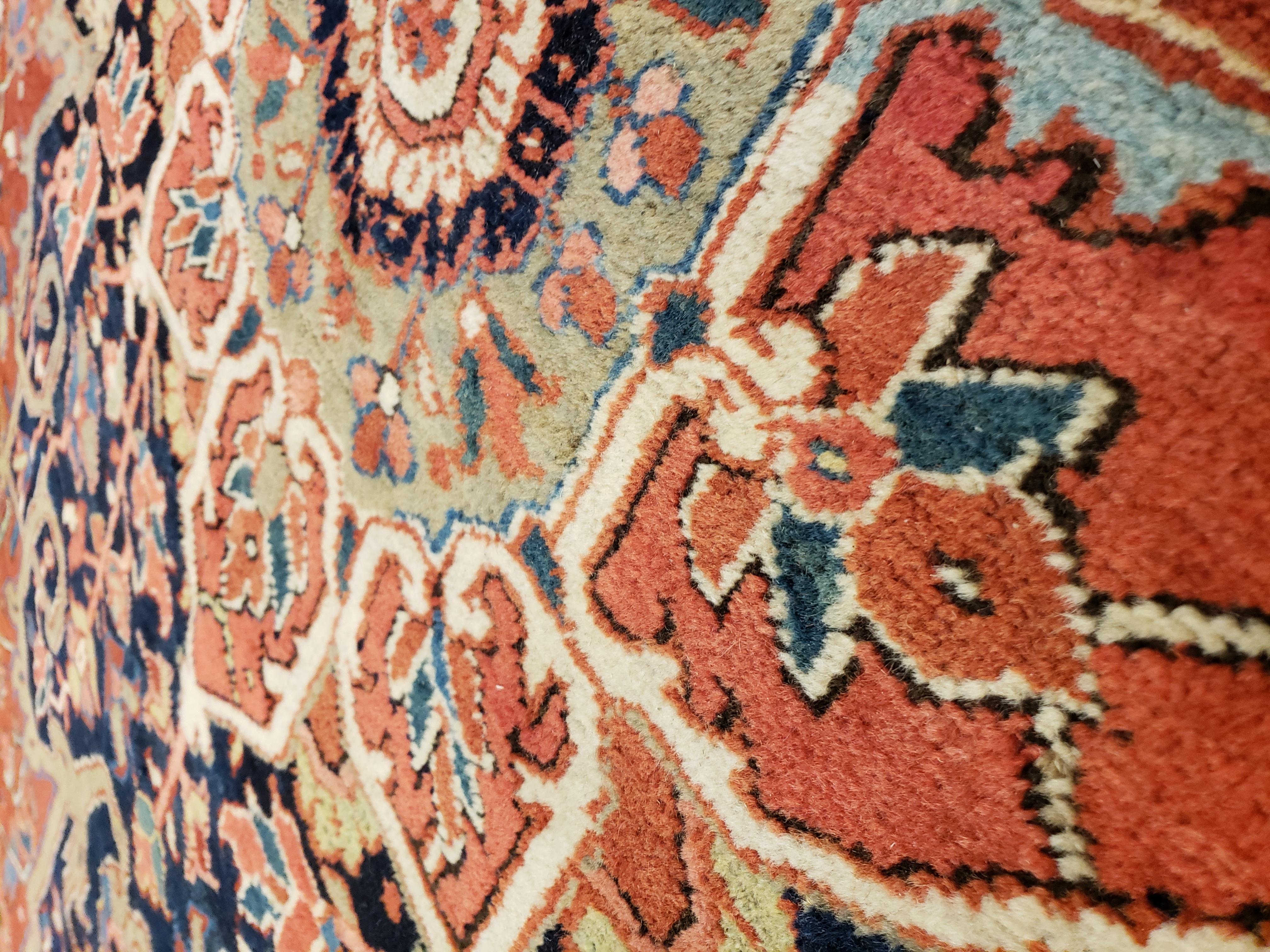 Heriz Serapi Antique Persian Heriz Carpet, Handmade Wool Oriental Rug, Rust, Navy, Lt Blue