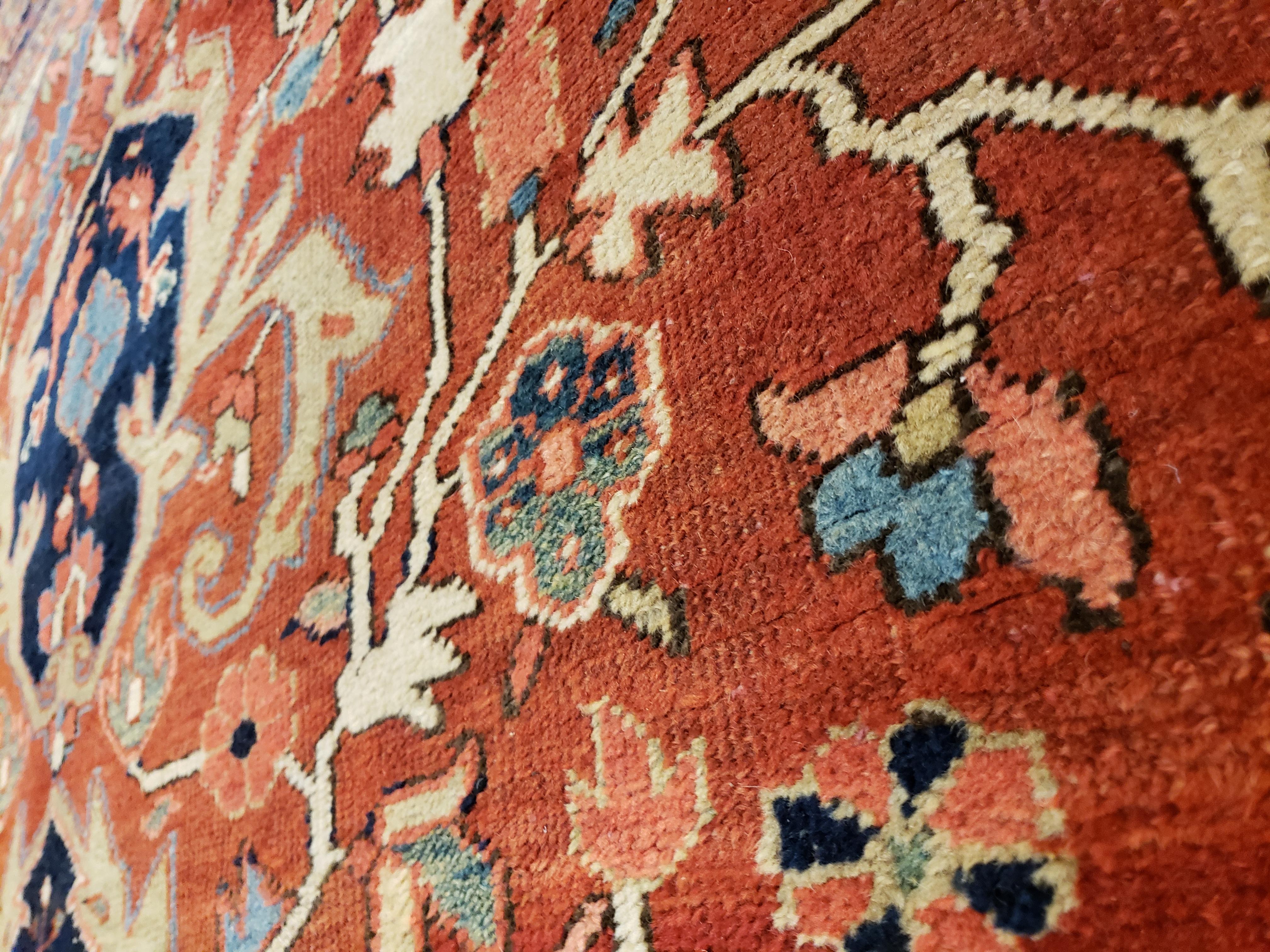 Hand-Knotted Antique Persian Heriz Carpet, Handmade Wool Oriental Rug, Rust, Navy, Lt Blue