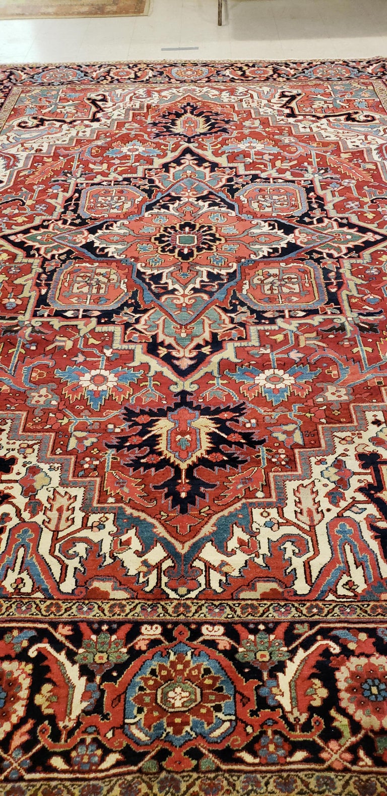 Antique Persian Heriz Carpet, Handmade Wool Oriental Rug, Rust, Navy, Lt Blue at 1stDibs