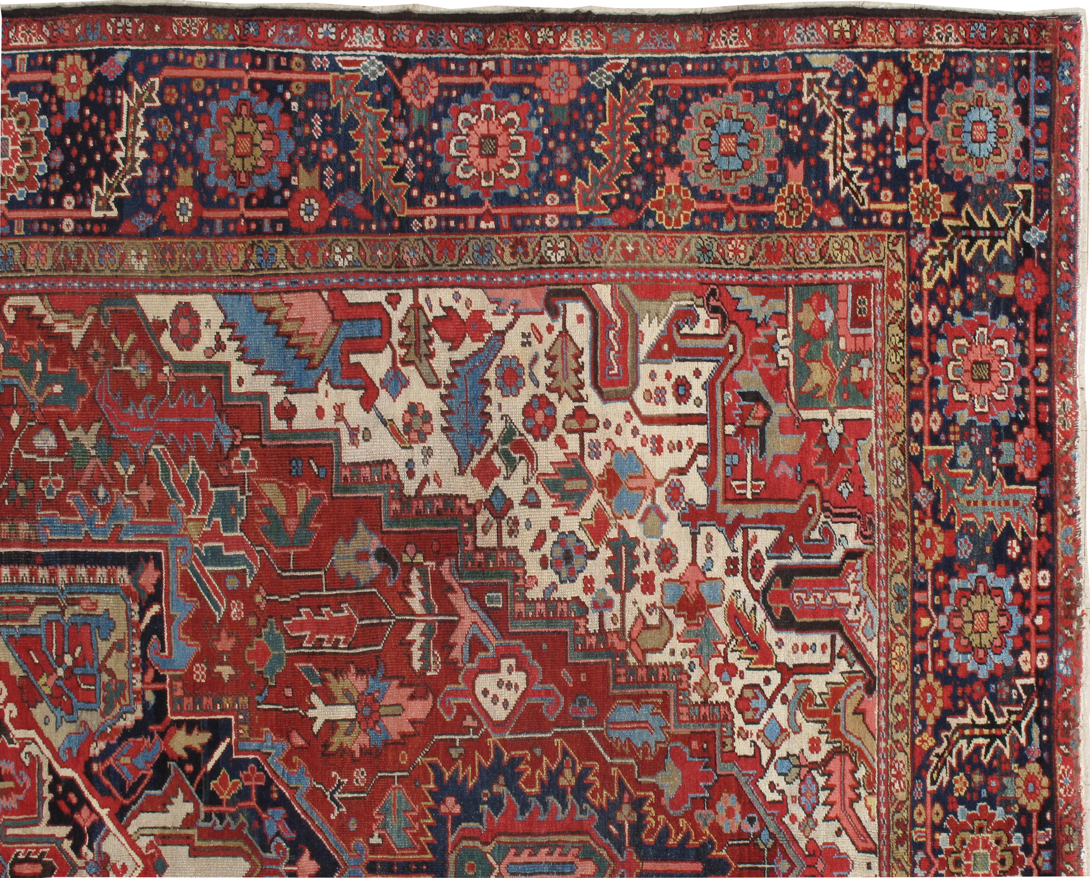 20th Century Antique Persian Heriz Carpet, Handmade Wool Oriental Rug, Rust, Navy, Lt Blue For Sale
