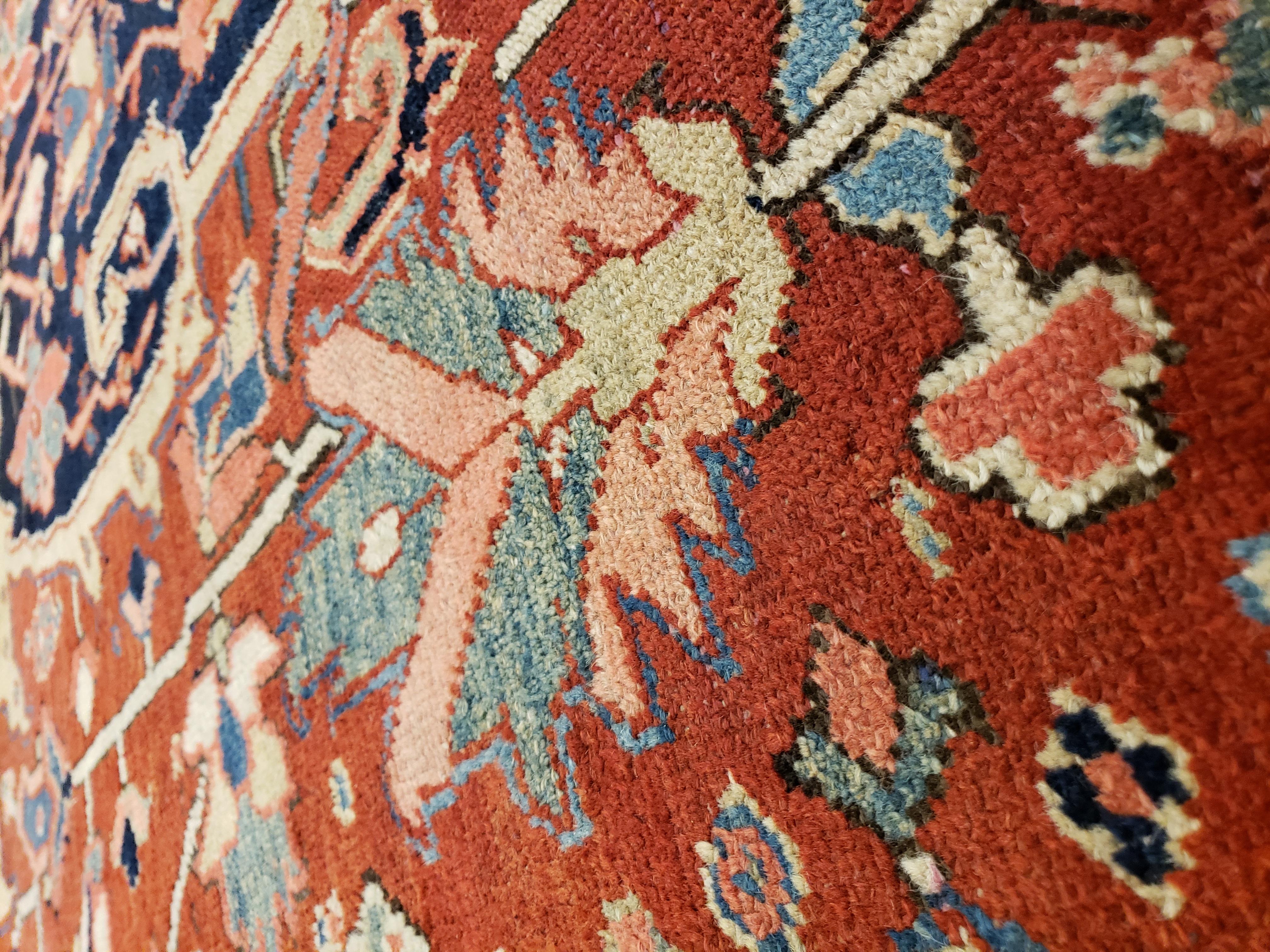 Antique Persian Heriz Carpet, Handmade Wool Oriental Rug, Rust, Navy, Lt Blue In Excellent Condition In Port Washington, NY