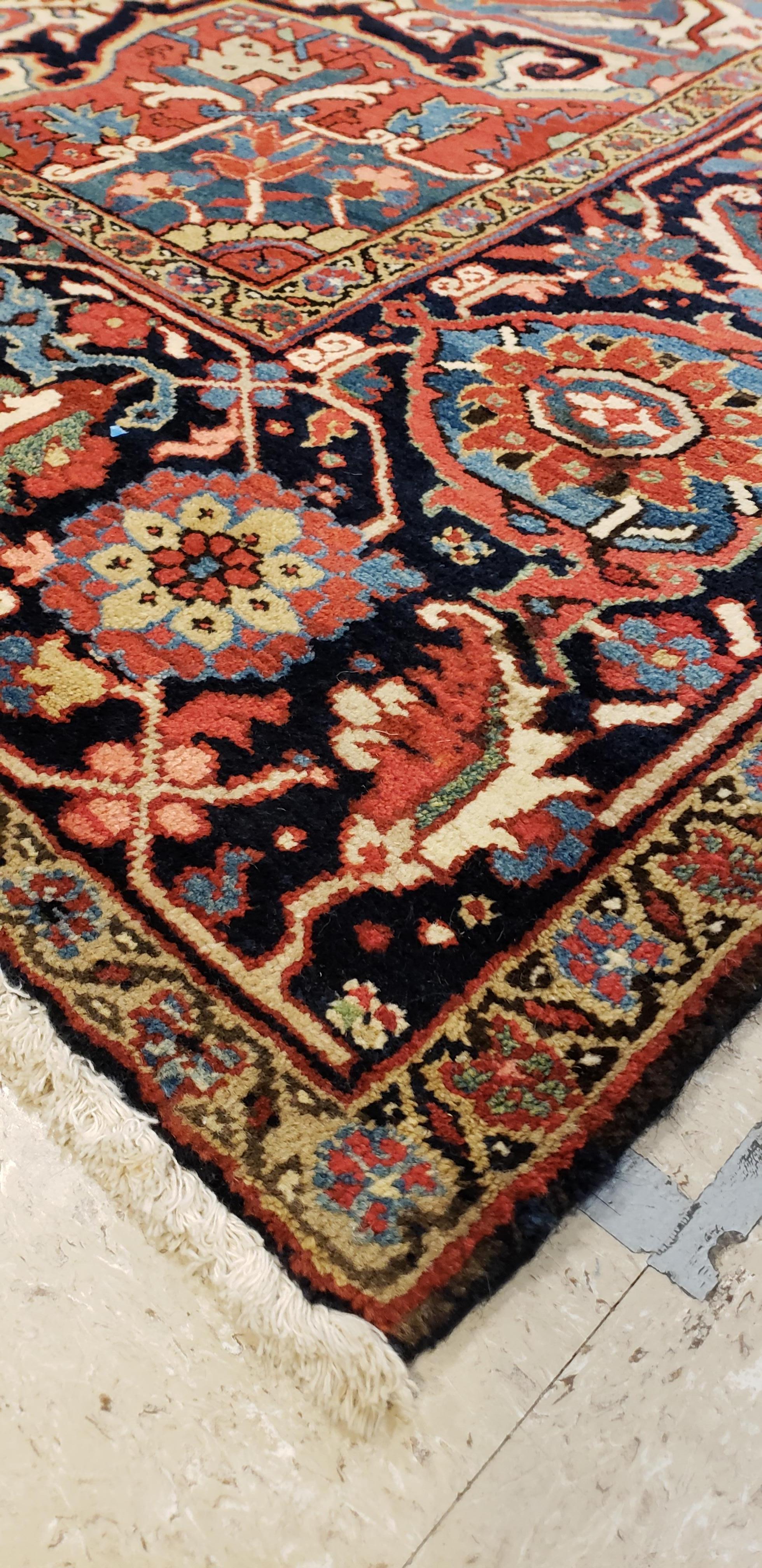 20th Century Antique Persian Heriz Carpet, Handmade Wool Oriental Rug, Rust, Navy, Lt Blue